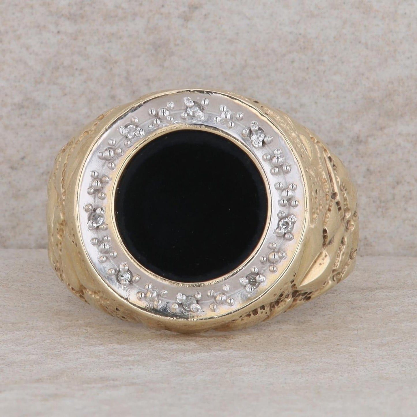 10k Yellow Gold Onyx Disc & Diamond Halo Nugget Style Ring