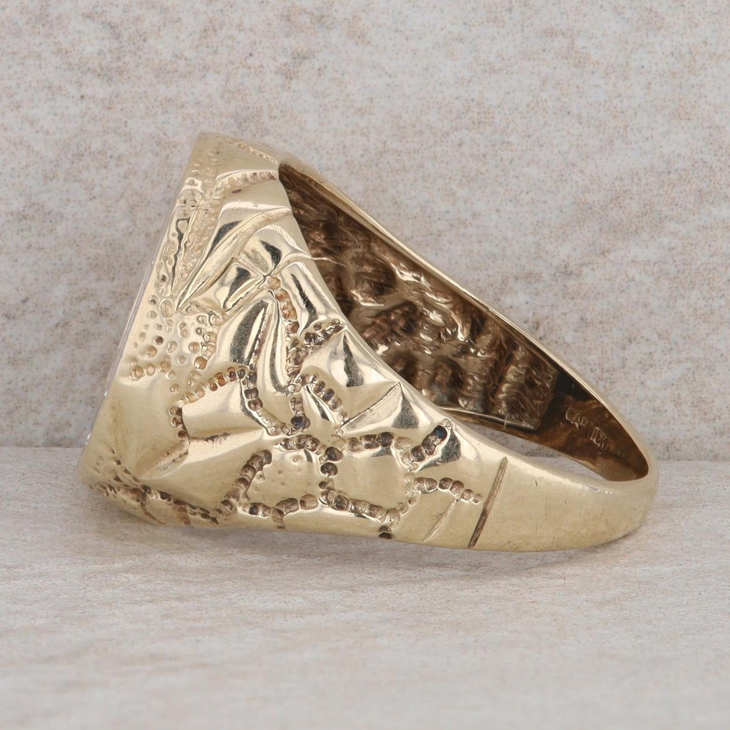 10k Yellow Gold Onyx Disc & Diamond Halo Nugget Style Ring