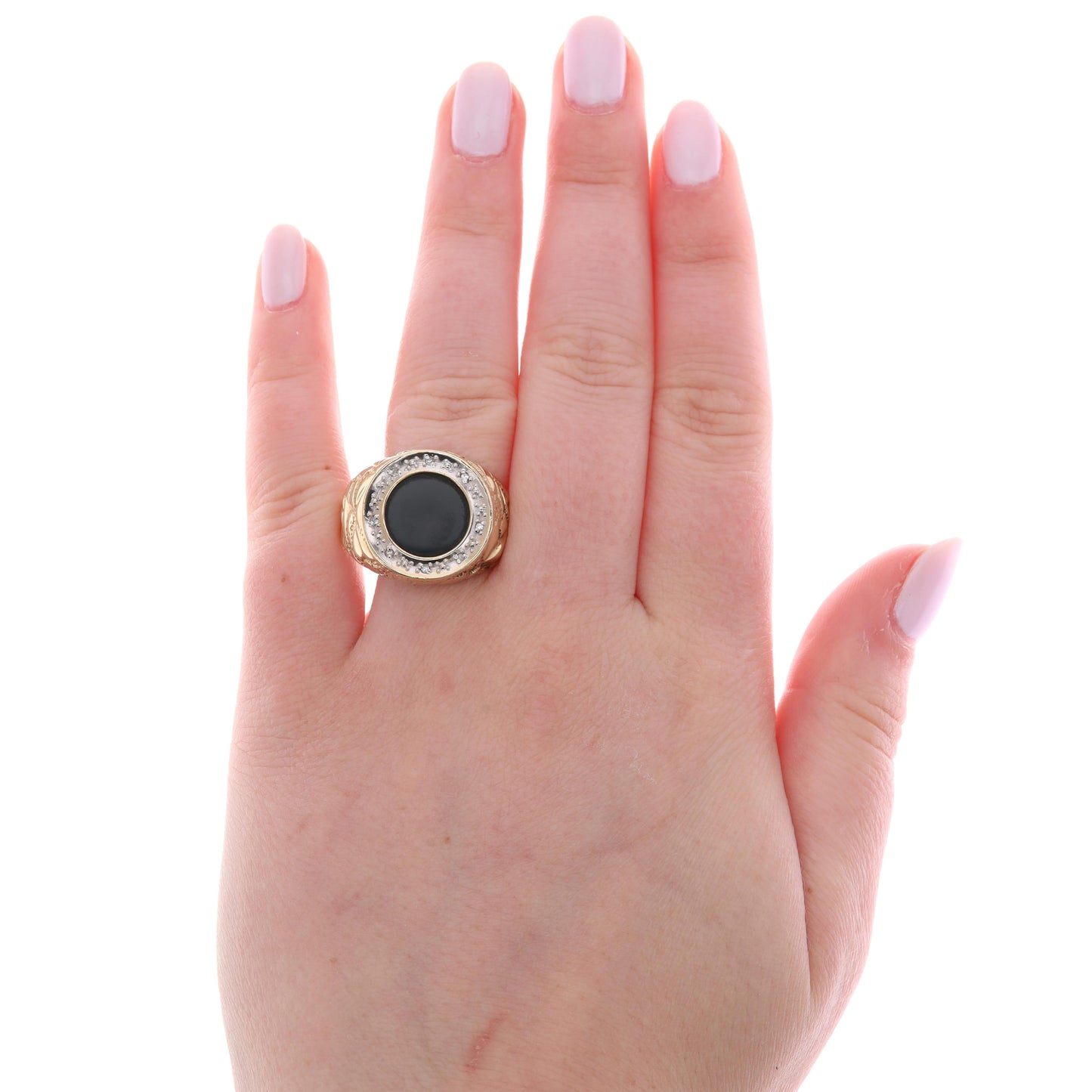 10k Yellow Gold Onyx Disc & Diamond Halo Nugget Style Ring