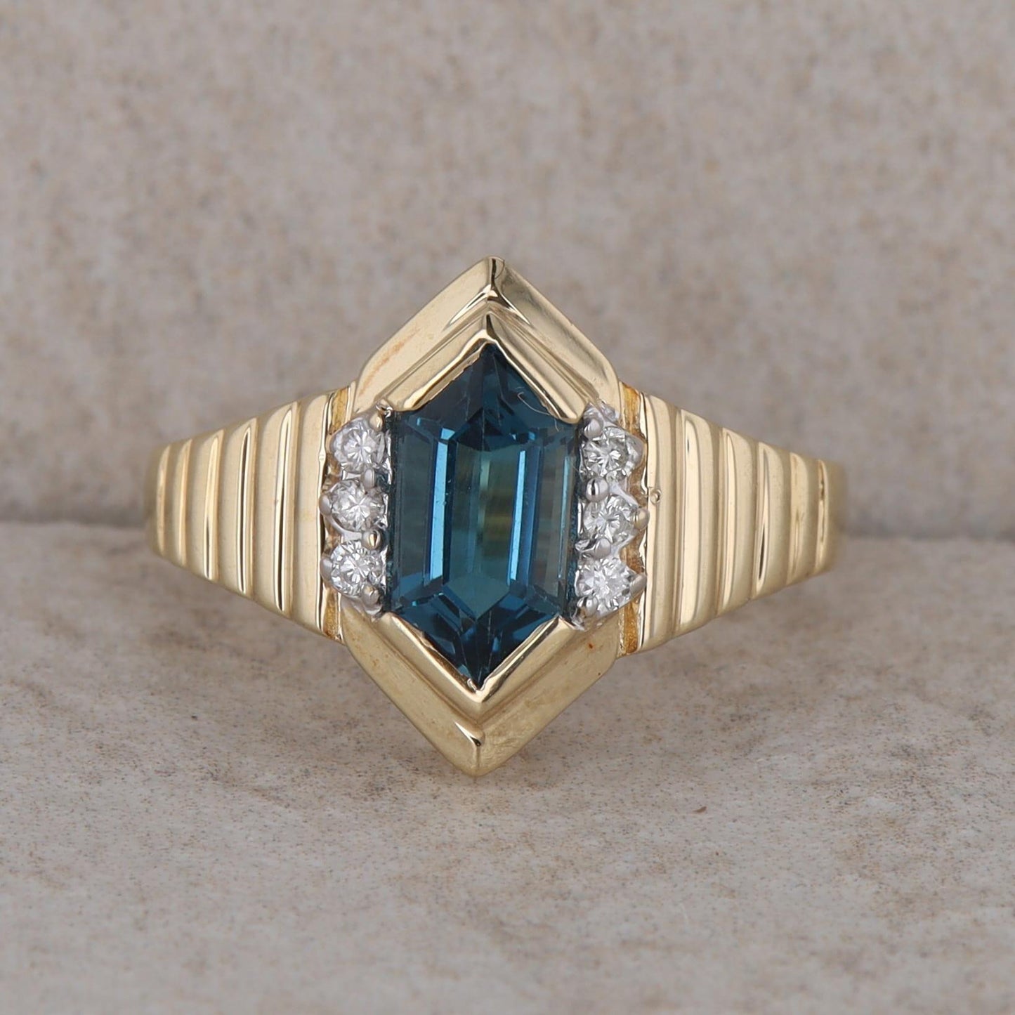 14k Yellow Gold Elongated Hexagon London Blue Topaz & Diamond Textured Ring