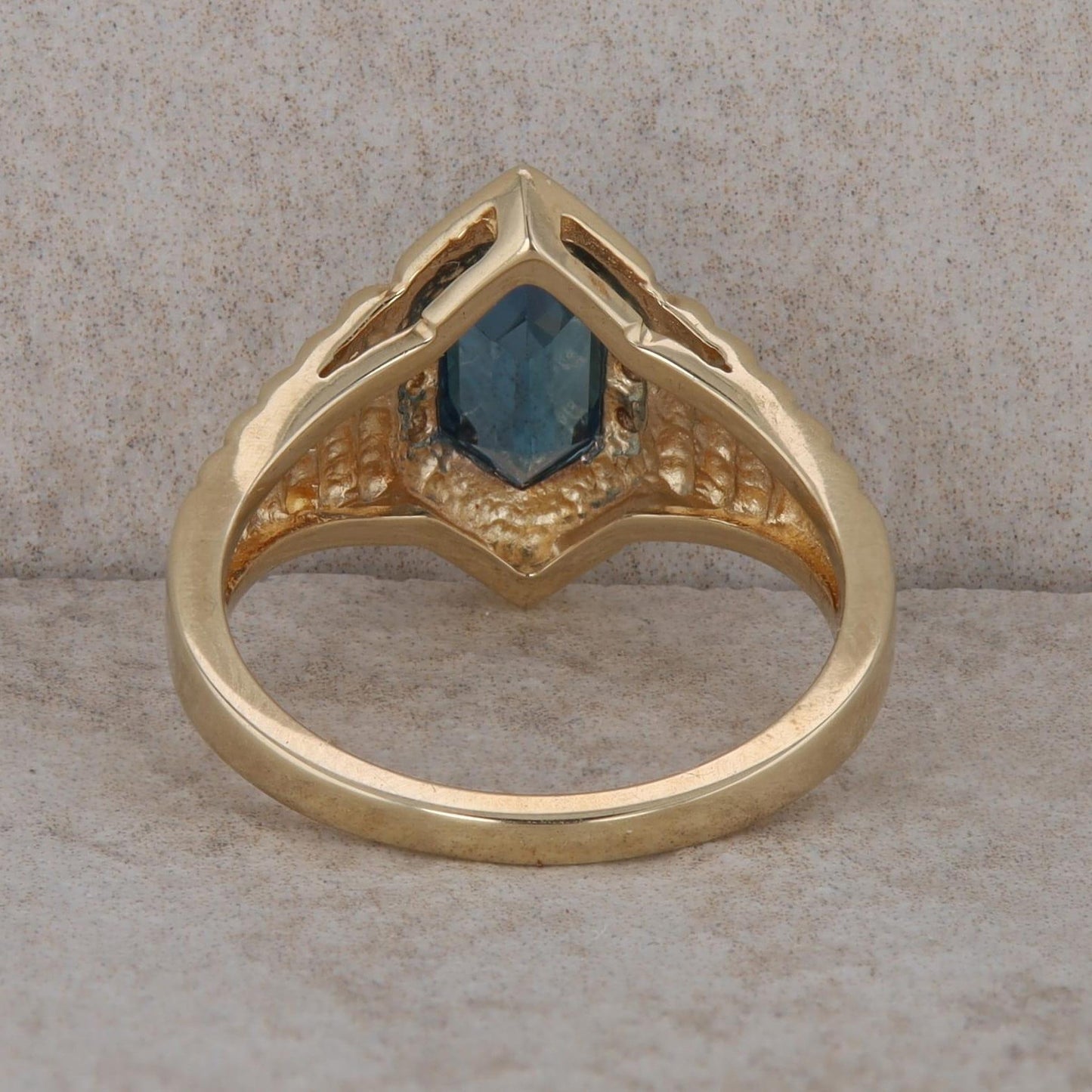 14k Yellow Gold Elongated Hexagon London Blue Topaz & Diamond Textured Ring