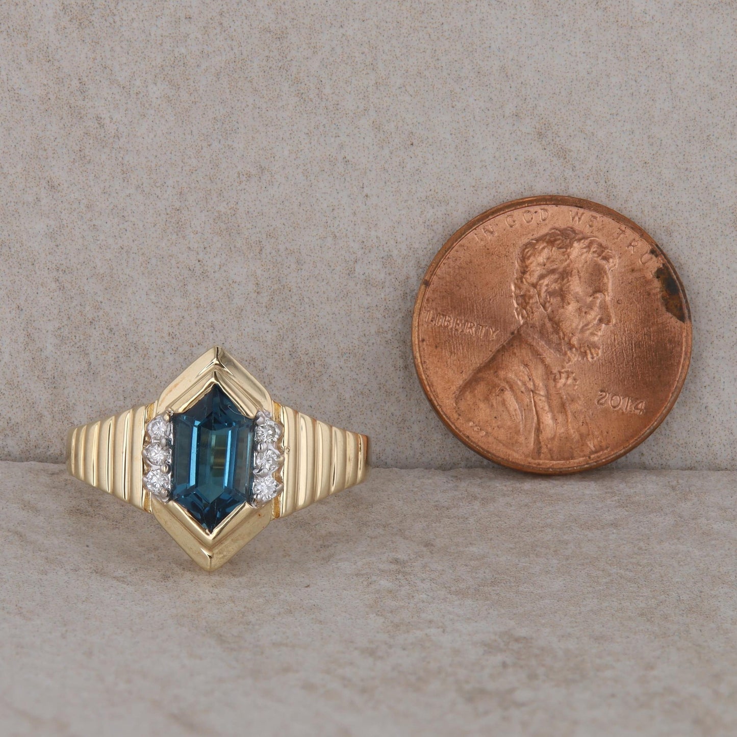 14k Yellow Gold Elongated Hexagon London Blue Topaz & Diamond Textured Ring