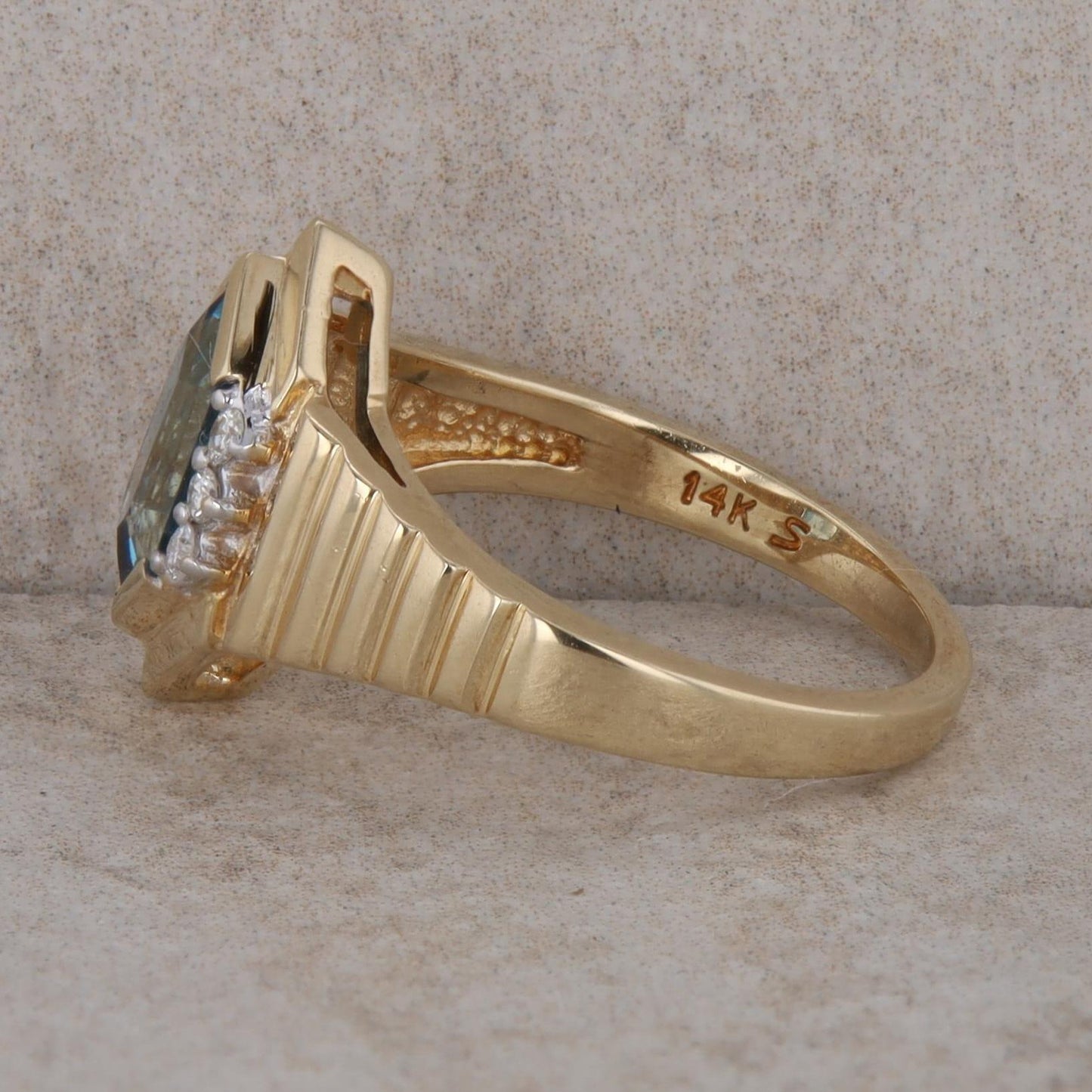 14k Yellow Gold Elongated Hexagon London Blue Topaz & Diamond Textured Ring