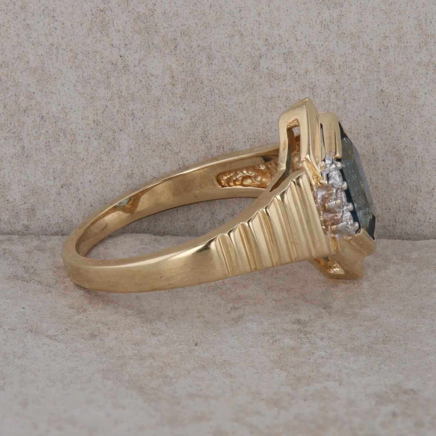 14k Yellow Gold Elongated Hexagon London Blue Topaz & Diamond Textured Ring