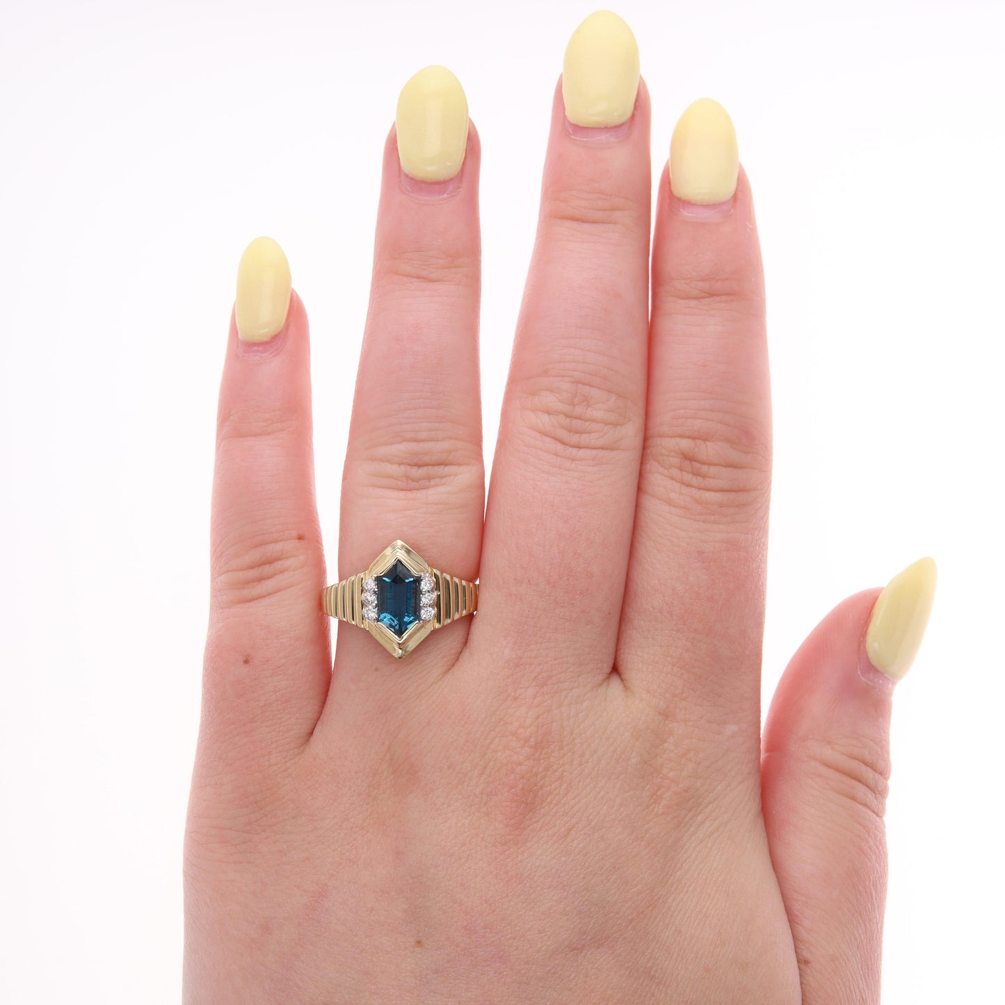 14k Yellow Gold Elongated Hexagon London Blue Topaz & Diamond Textured Ring