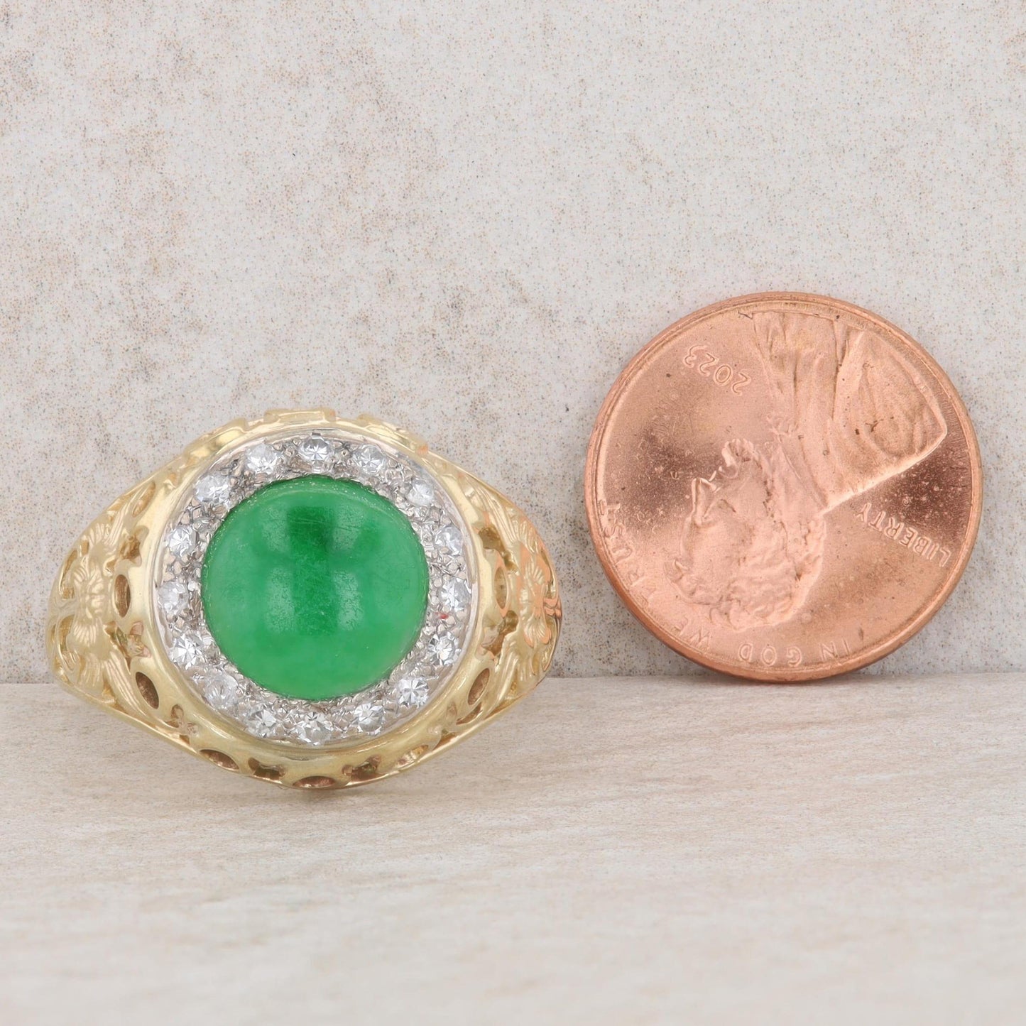 14k Yellow Gold Cabochon Jade & Diamond Halo Floral Cutout Shank Ring