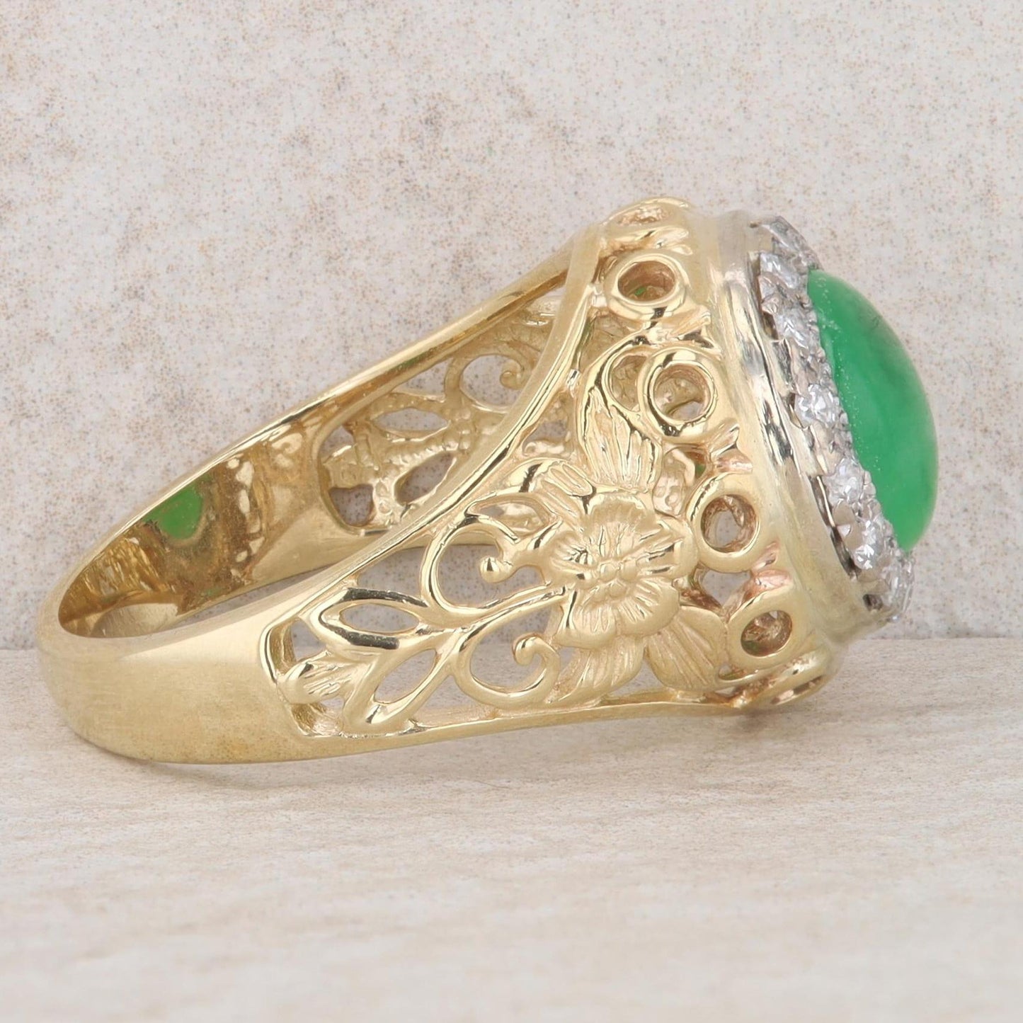 14k Yellow Gold Cabochon Jade & Diamond Halo Floral Cutout Shank Ring