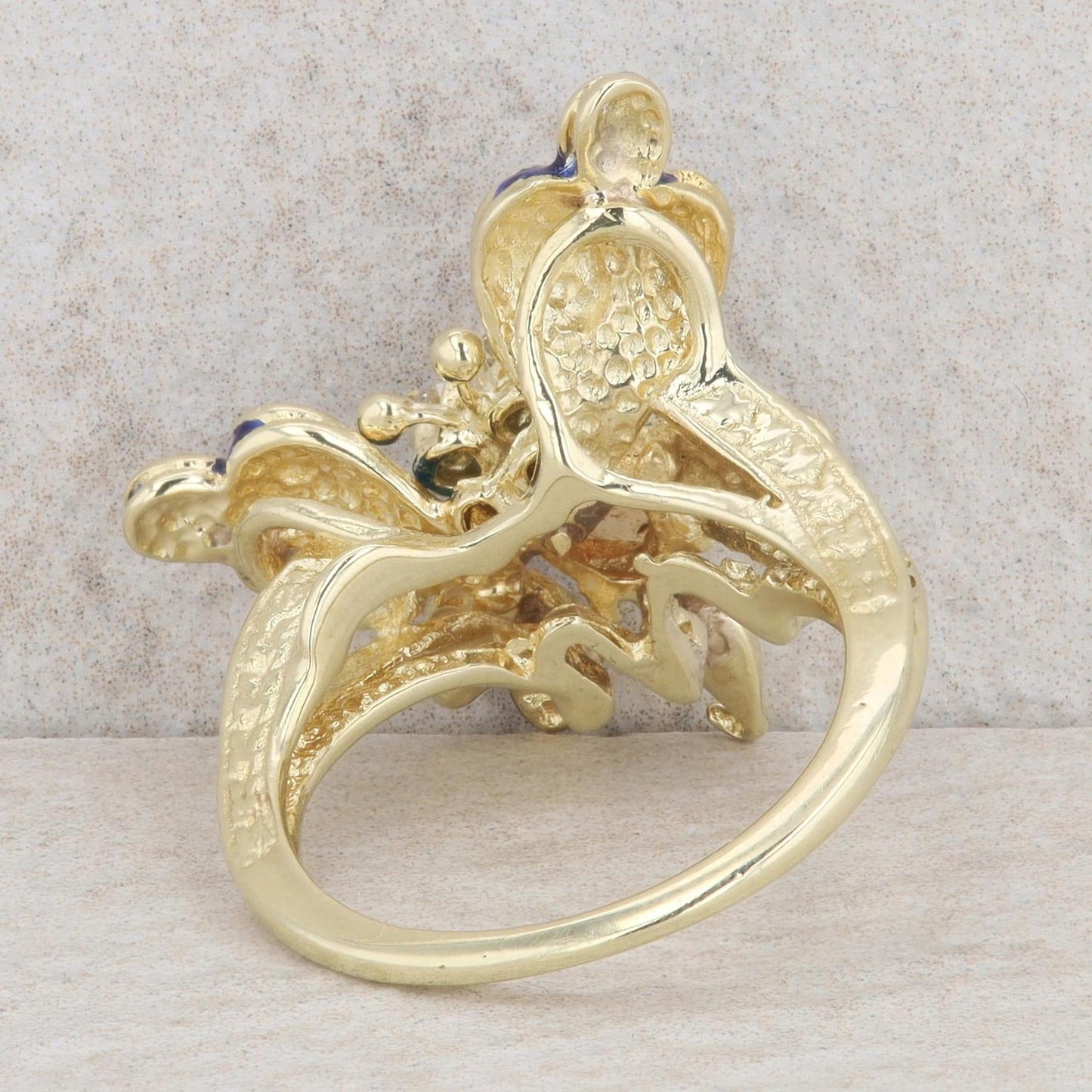 14k Yellow Gold Heart Opal & Diamond Blue Enamel Butterfly Ring