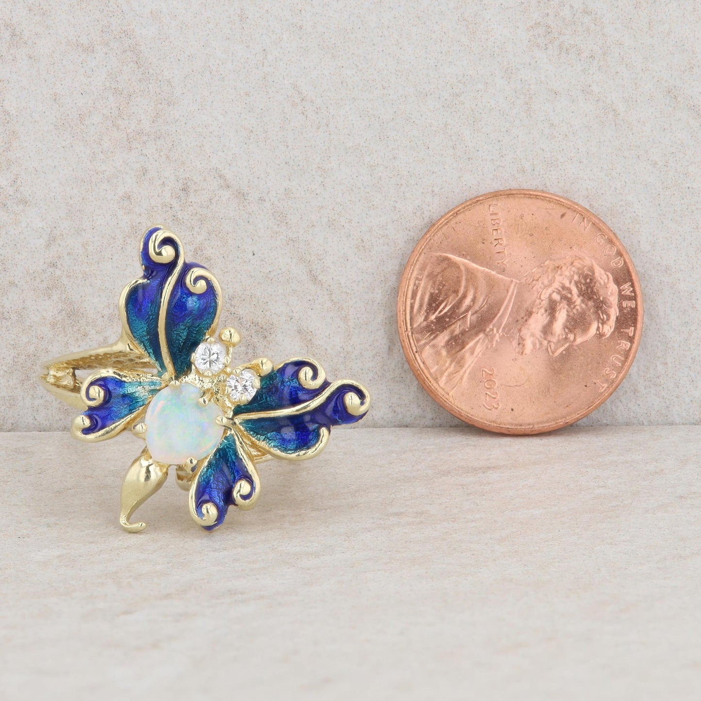 14k Yellow Gold Heart Opal & Diamond Blue Enamel Butterfly Ring