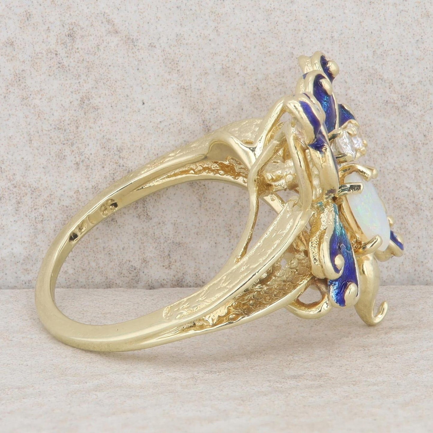 14k Yellow Gold Heart Opal & Diamond Blue Enamel Butterfly Ring