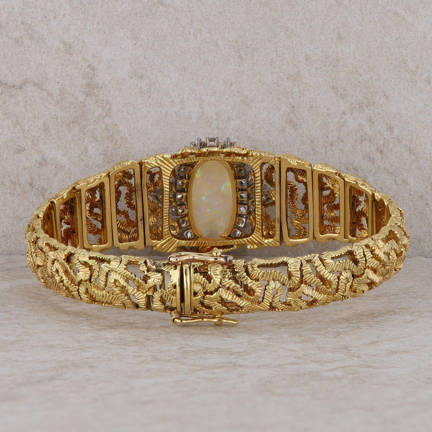 18k Yellow Gold Opal and Diamond Halo Textured Wavy Bracelet