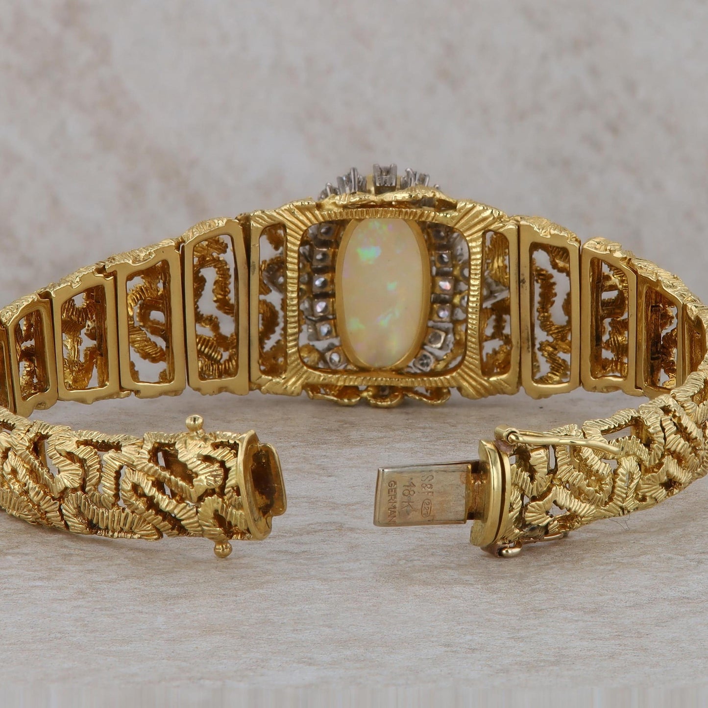 18k Yellow Gold Opal and Diamond Halo Textured Wavy Bracelet