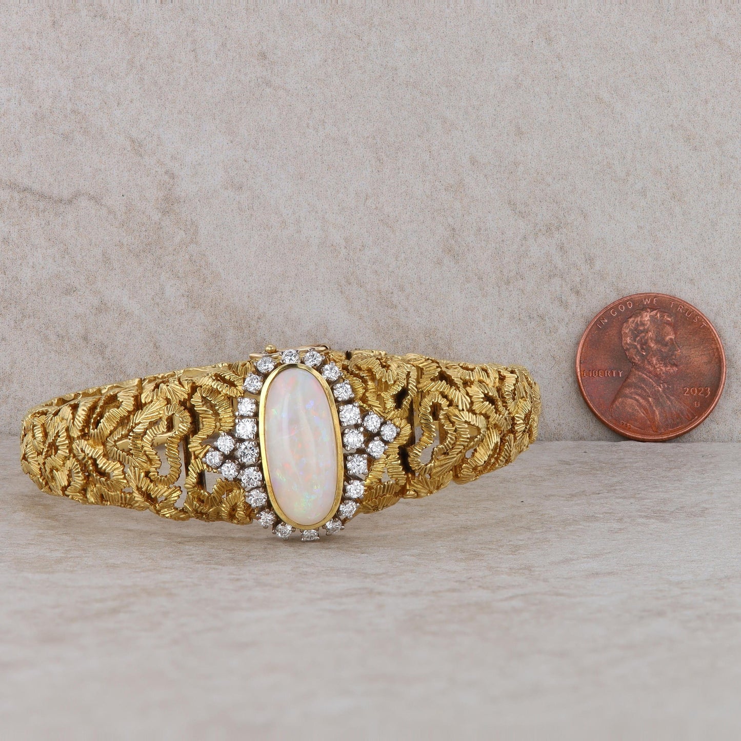 18k Yellow Gold Opal and Diamond Halo Textured Wavy Bracelet