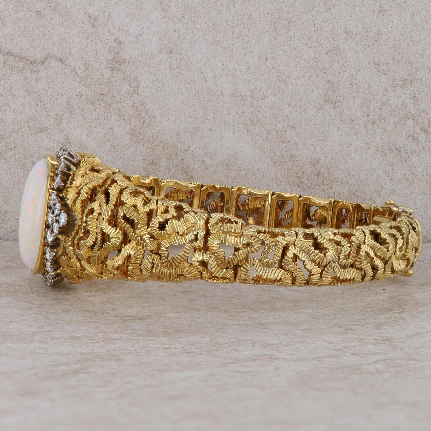 18k Yellow Gold Opal and Diamond Halo Textured Wavy Bracelet