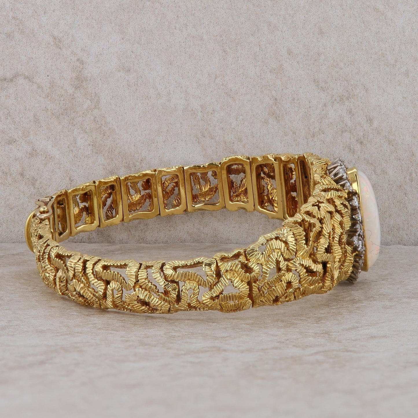 18k Yellow Gold Opal and Diamond Halo Textured Wavy Bracelet