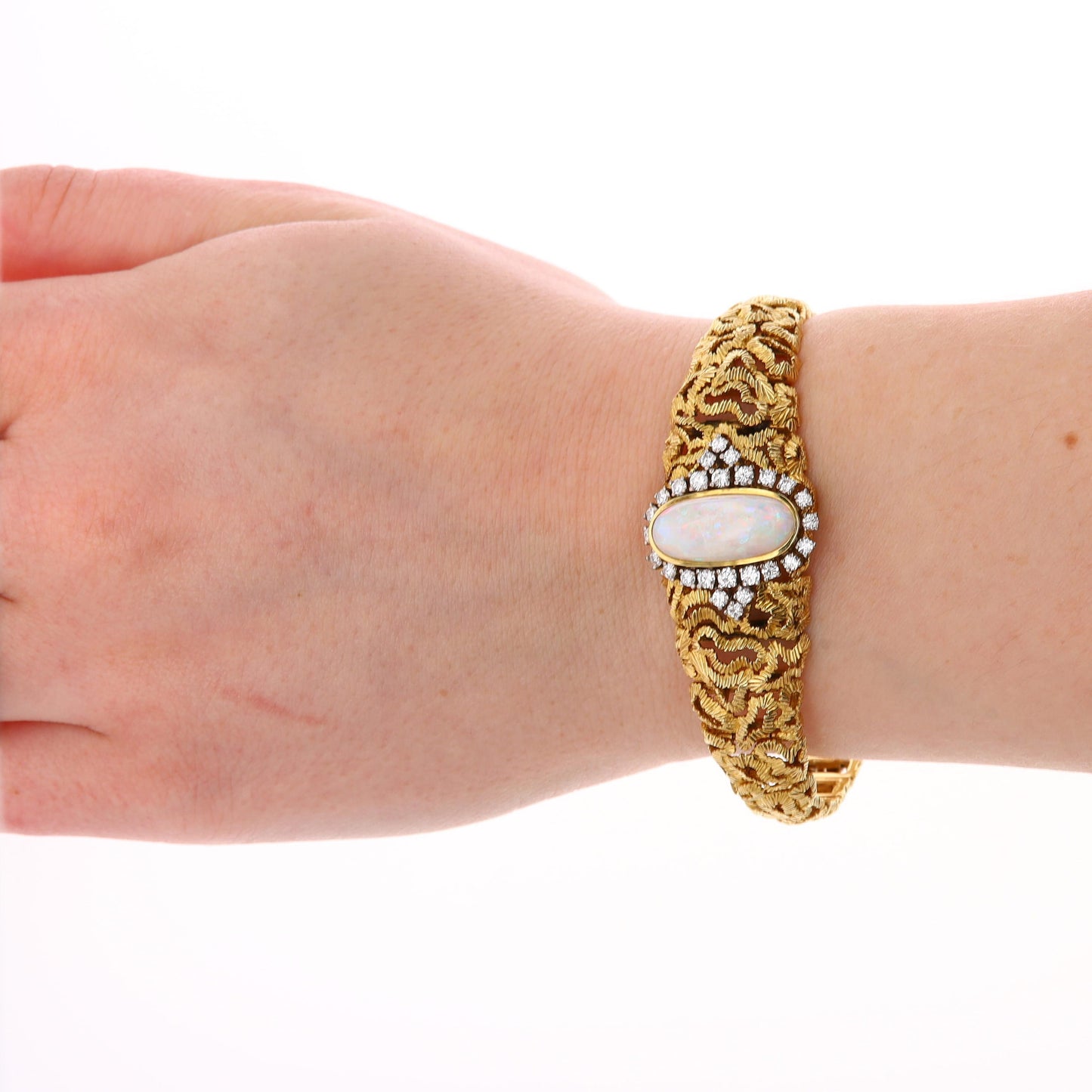 18k Yellow Gold Opal and Diamond Halo Textured Wavy Bracelet