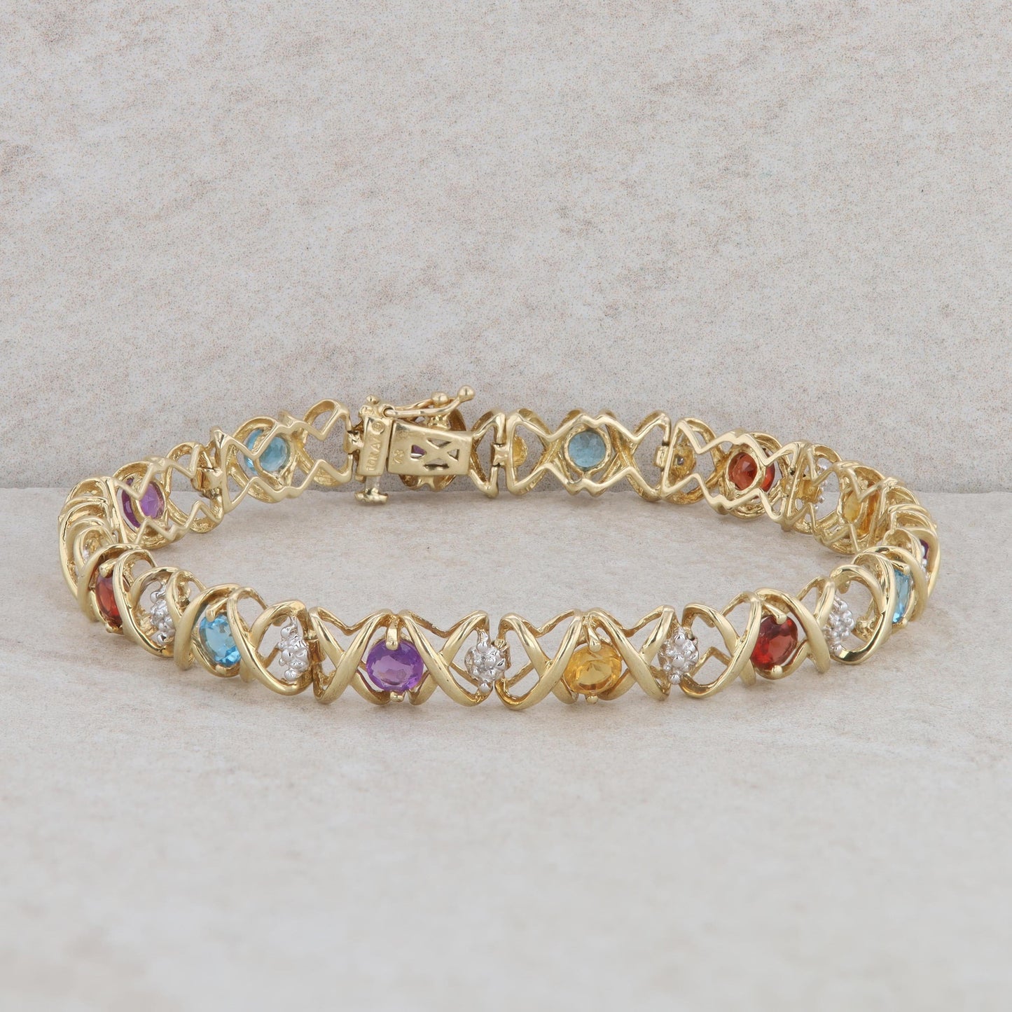 10k Yellow Gold X-O Link Multicolored Stone Bracelet