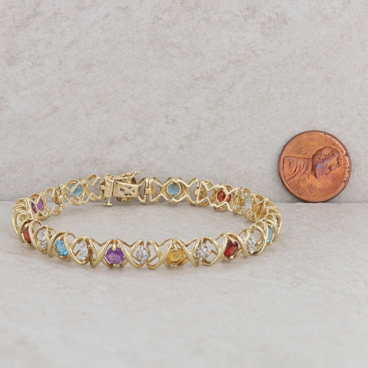 10k Yellow Gold X-O Link Multicolored Stone Bracelet