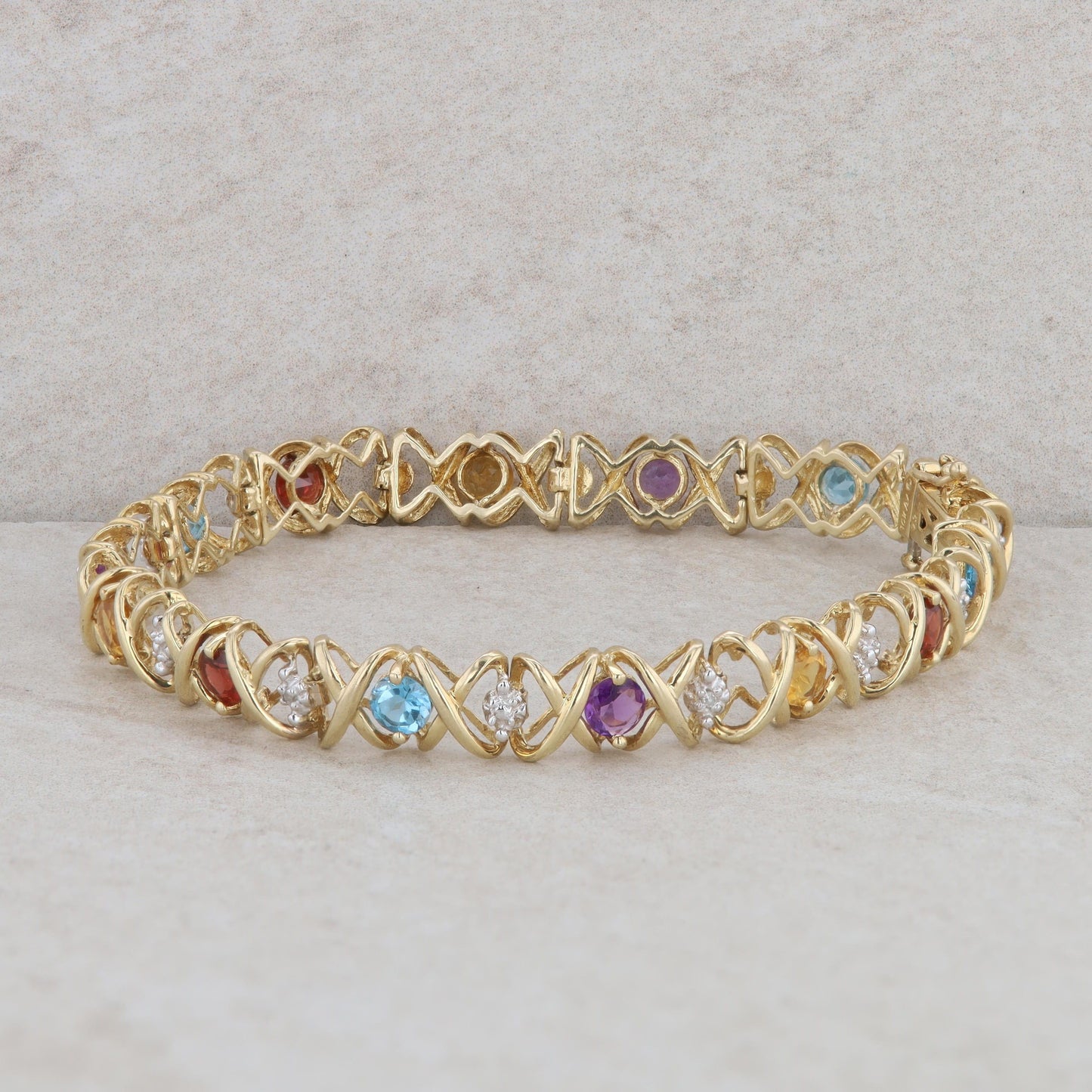 10k Yellow Gold X-O Link Multicolored Stone Bracelet