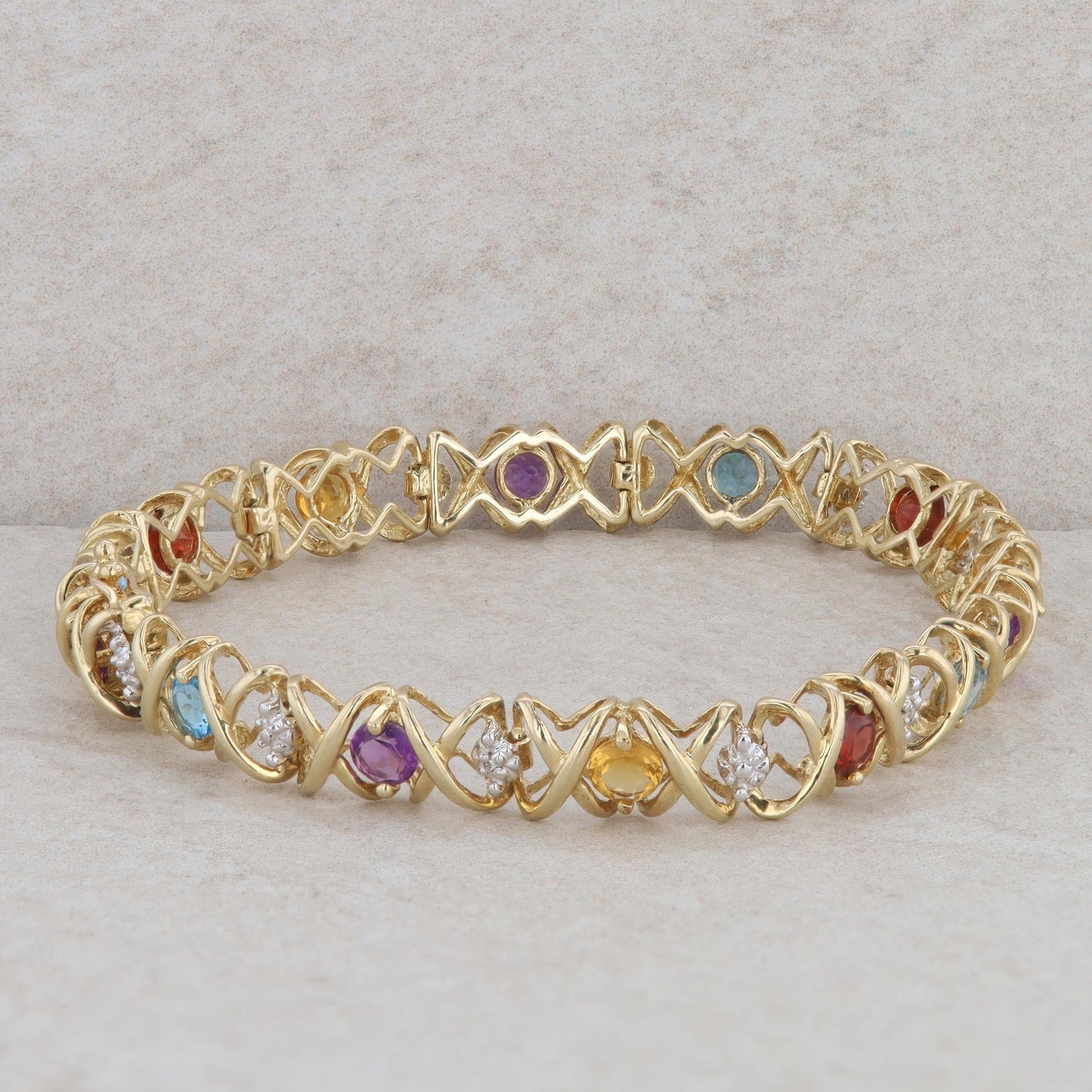 10k Yellow Gold X-O Link Multicolored Stone Bracelet
