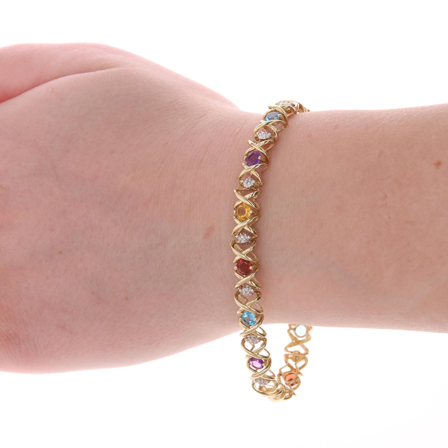10k Yellow Gold X-O Link Multicolored Stone Bracelet