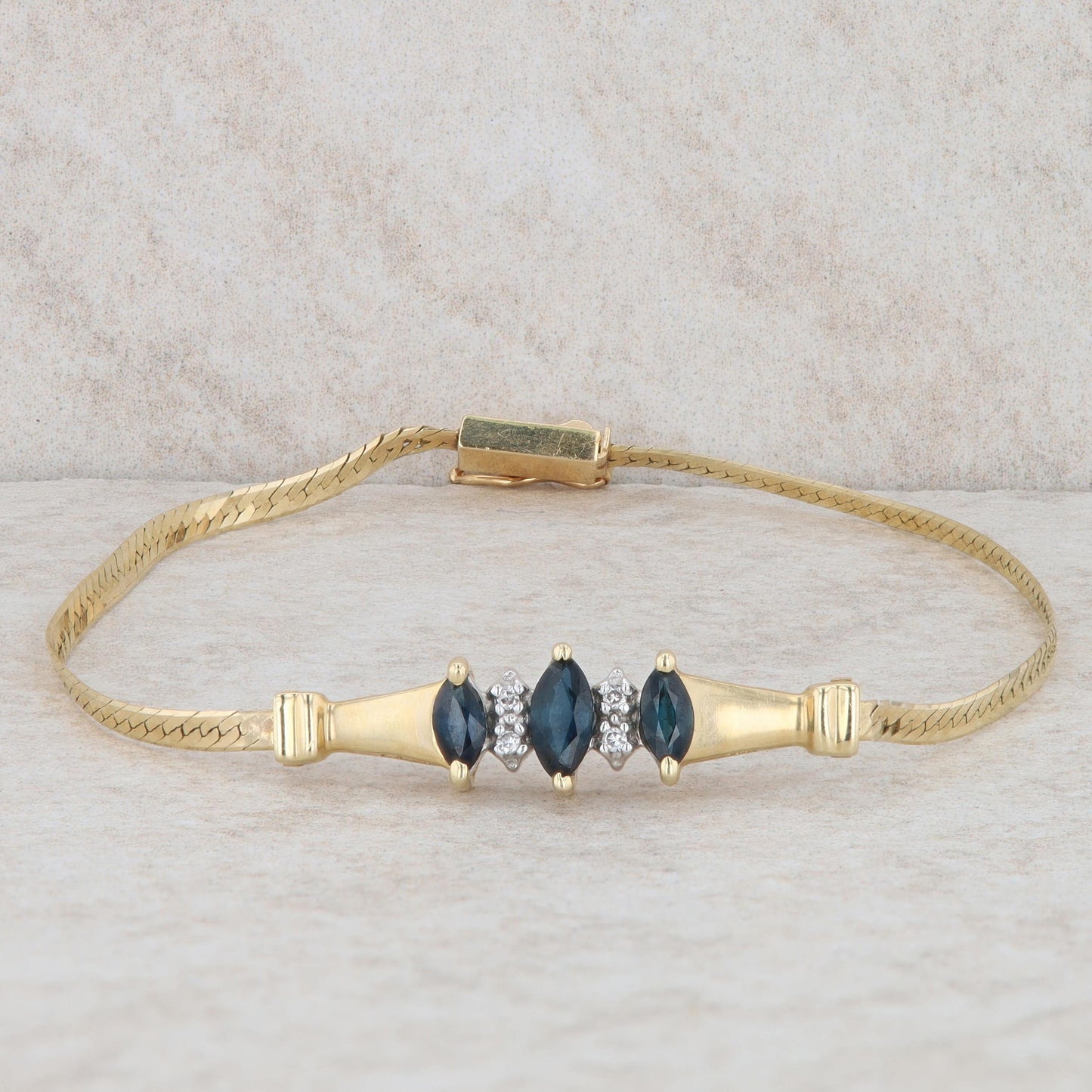 14k Yellow Gold Marquise Sapphire & Round Diamond Tapered Herringbone Bracelet