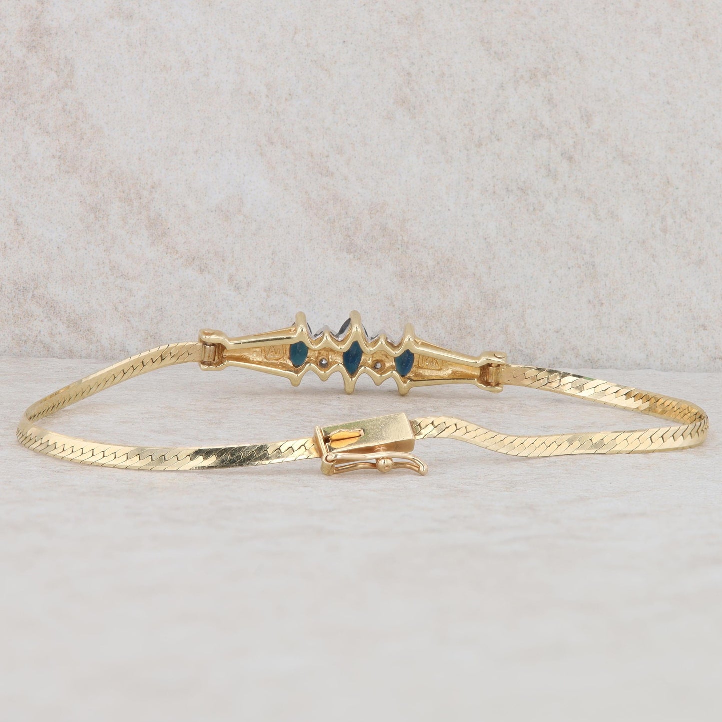 14k Yellow Gold Marquise Sapphire & Round Diamond Tapered Herringbone Bracelet