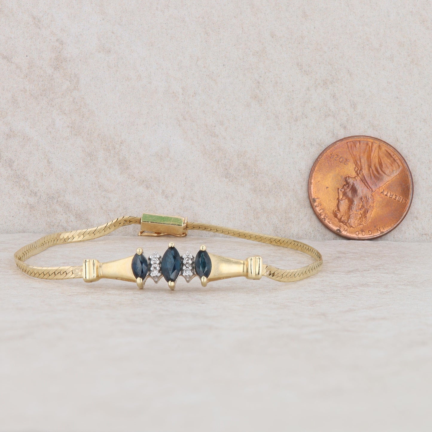 14k Yellow Gold Marquise Sapphire & Round Diamond Tapered Herringbone Bracelet