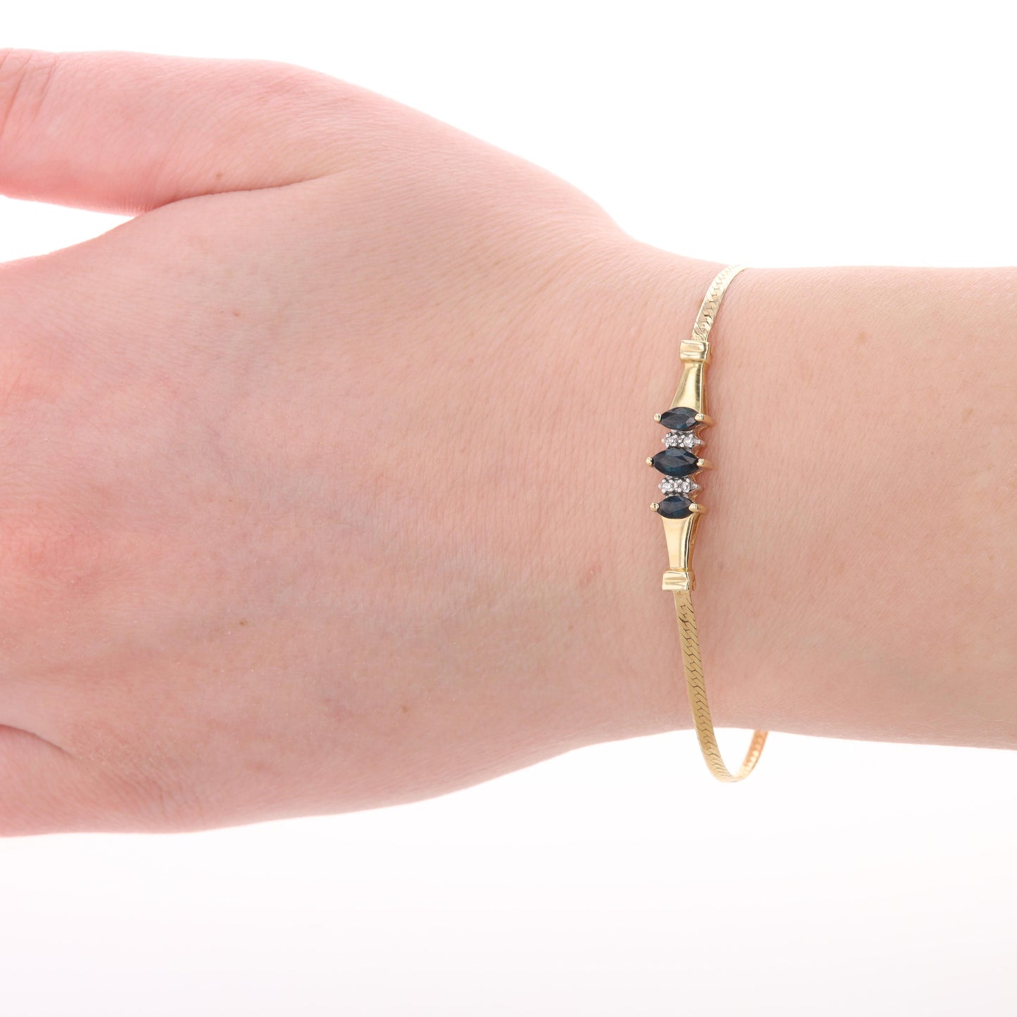 14k Yellow Gold Marquise Sapphire & Round Diamond Tapered Herringbone Bracelet