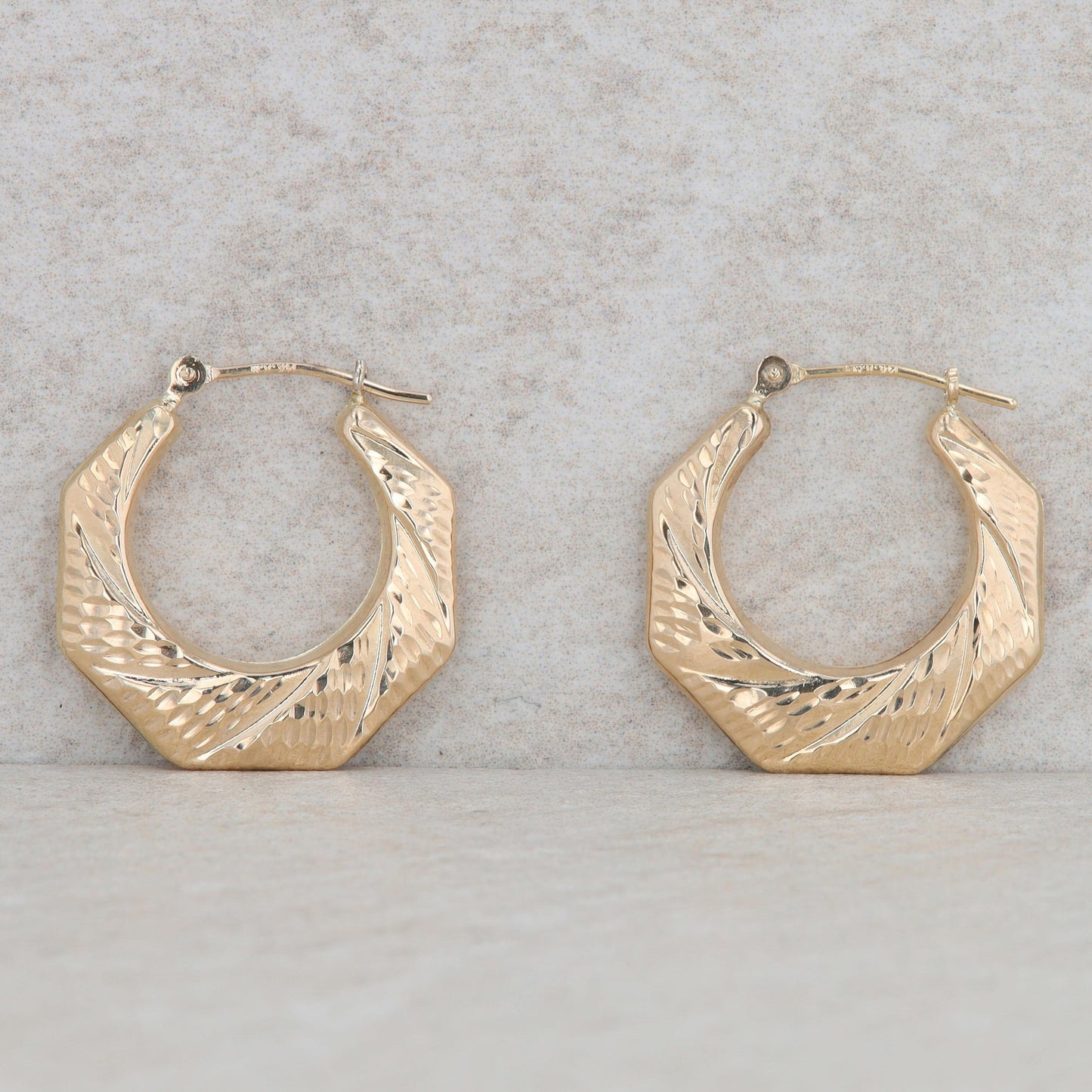 14k Yellow Gold Octagon Textured Hoop Earrings, 2.0g