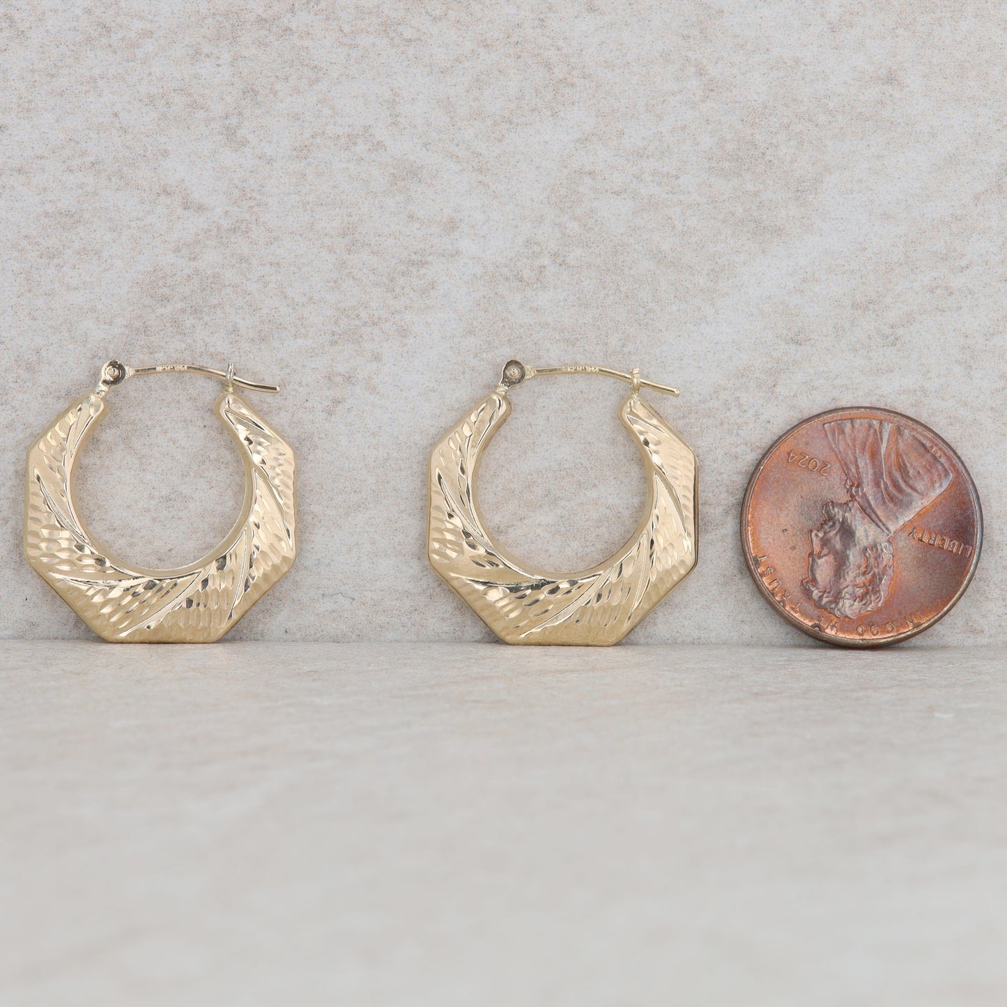 14k Yellow Gold Octagon Textured Hoop Earrings, 2.0g