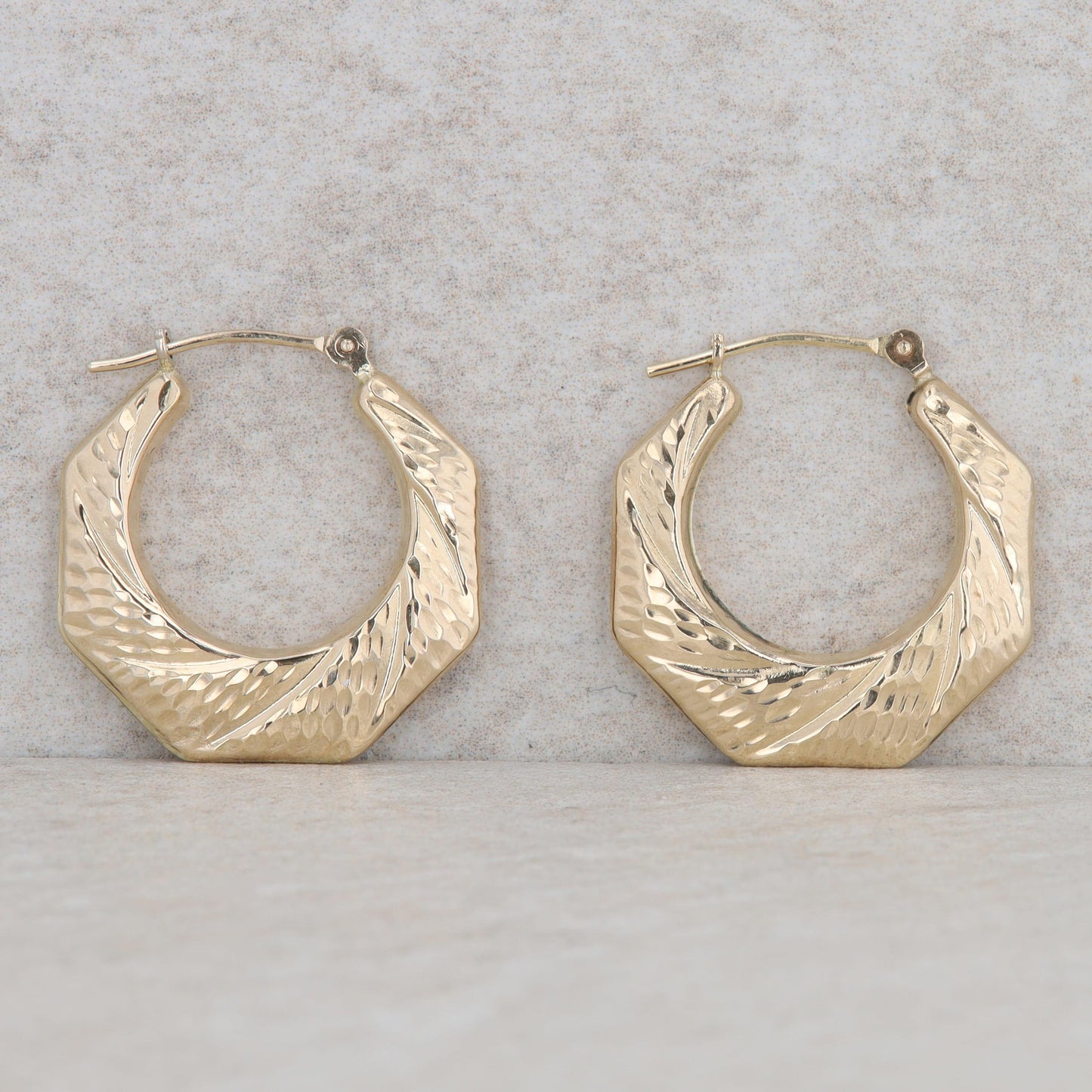 14k Yellow Gold Octagon Textured Hoop Earrings, 2.0g