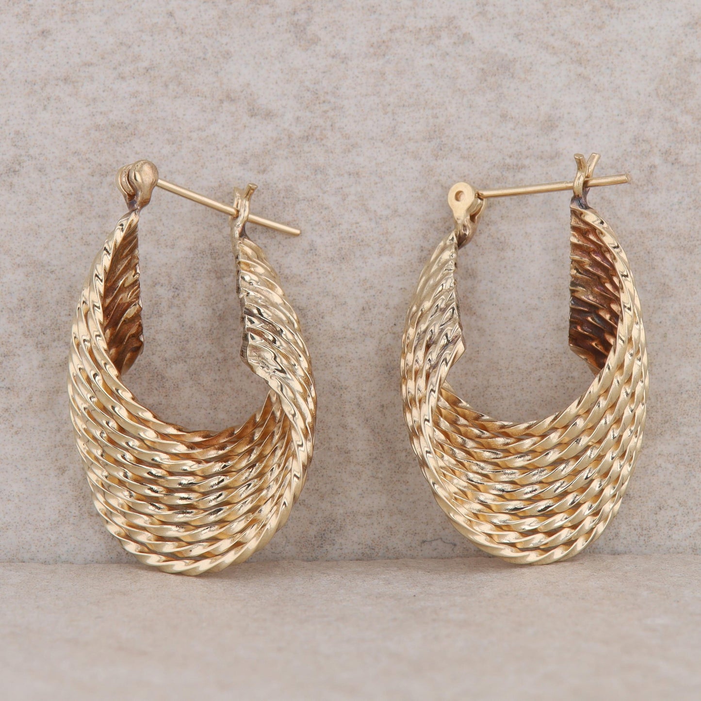 14k Yellow Gold Oval Twist Textured Hoop Earrings, 4.5g