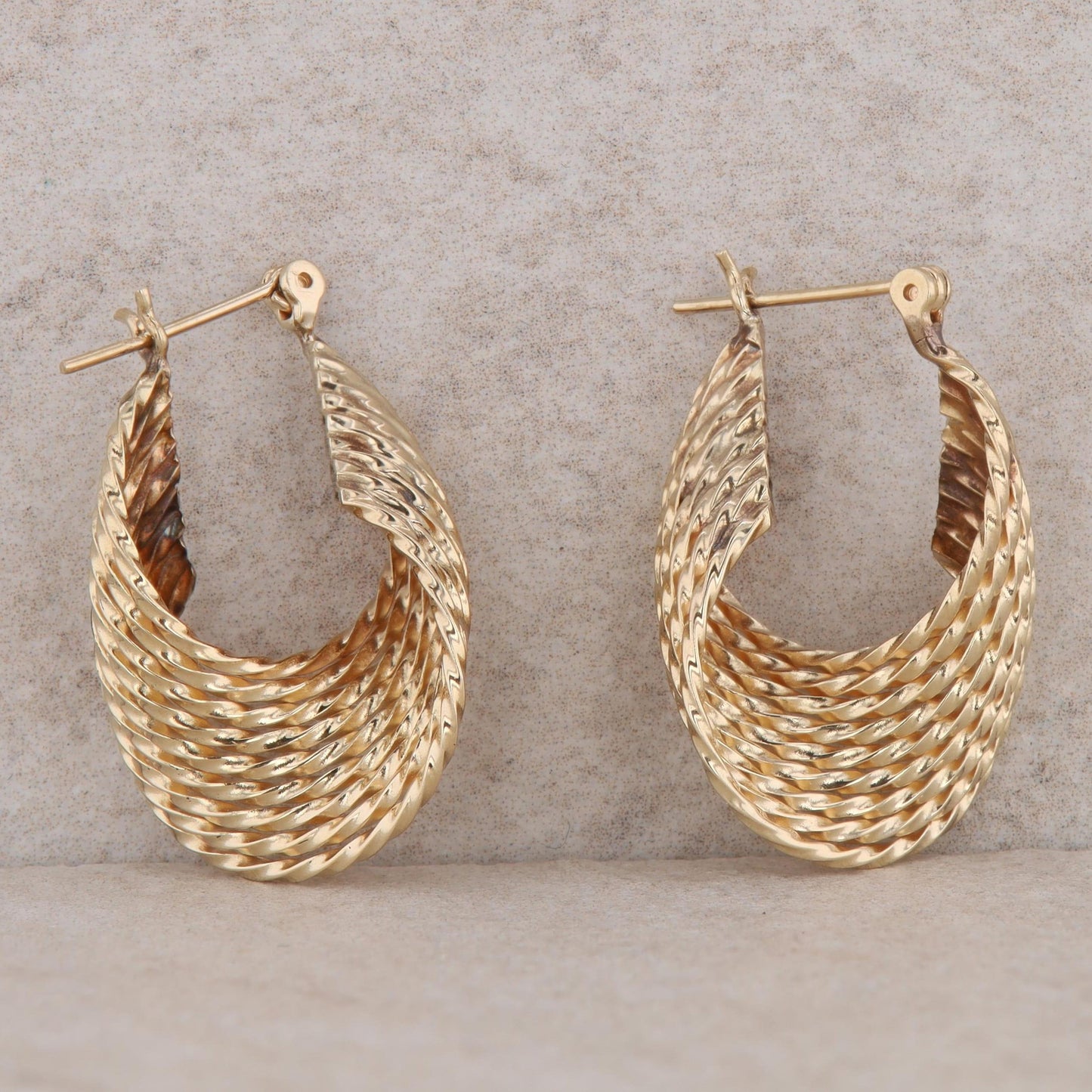 14k Yellow Gold Oval Twist Textured Hoop Earrings, 4.5g