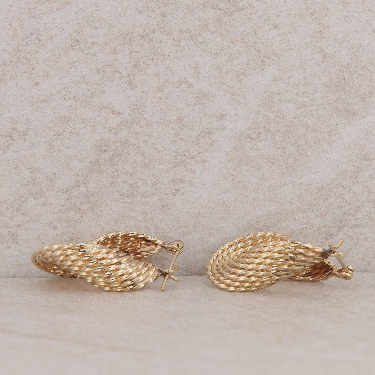 14k Yellow Gold Oval Twist Textured Hoop Earrings, 4.5g