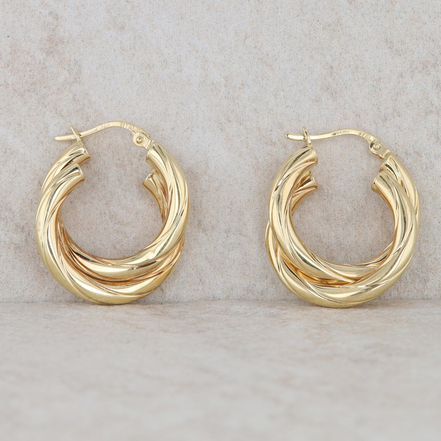 18k Yellow Gold Ribbed Twist Double 3mm Hoop Earrings, 2.5g