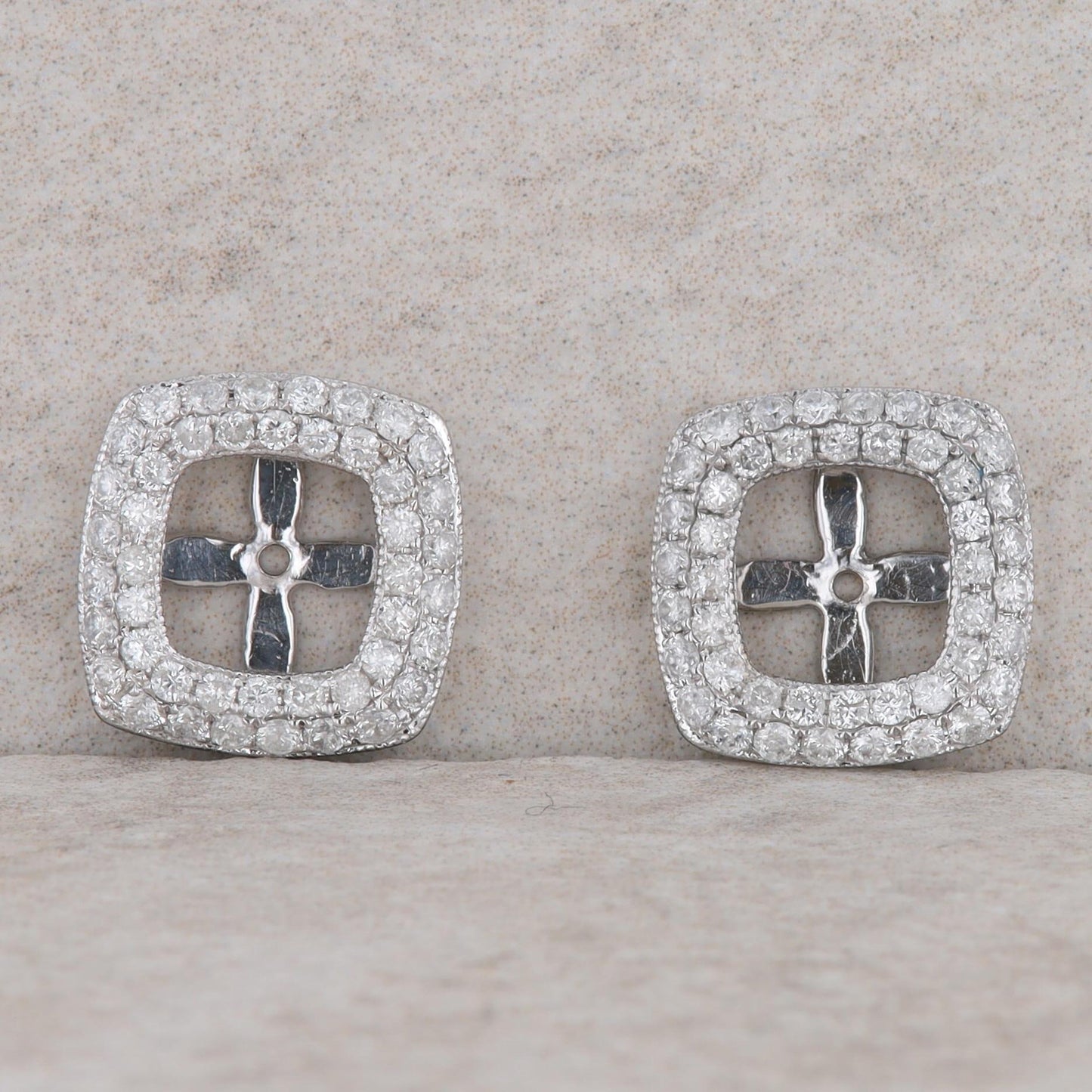 14k White Gold Pave Diamond Cushion Shaped Earring Jackets