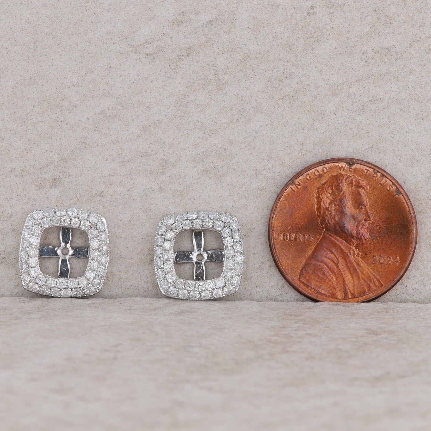 14k White Gold Pave Diamond Cushion Shaped Earring Jackets