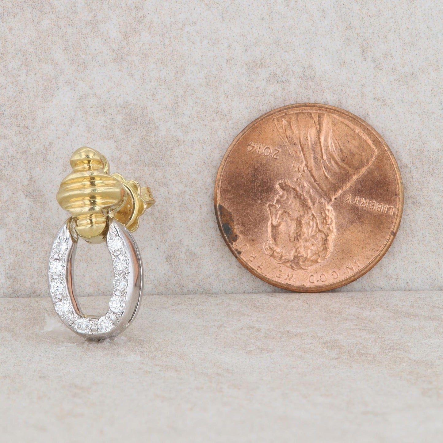 18k Two-Tone Gold Diamond Loop Textured Drop Earrings