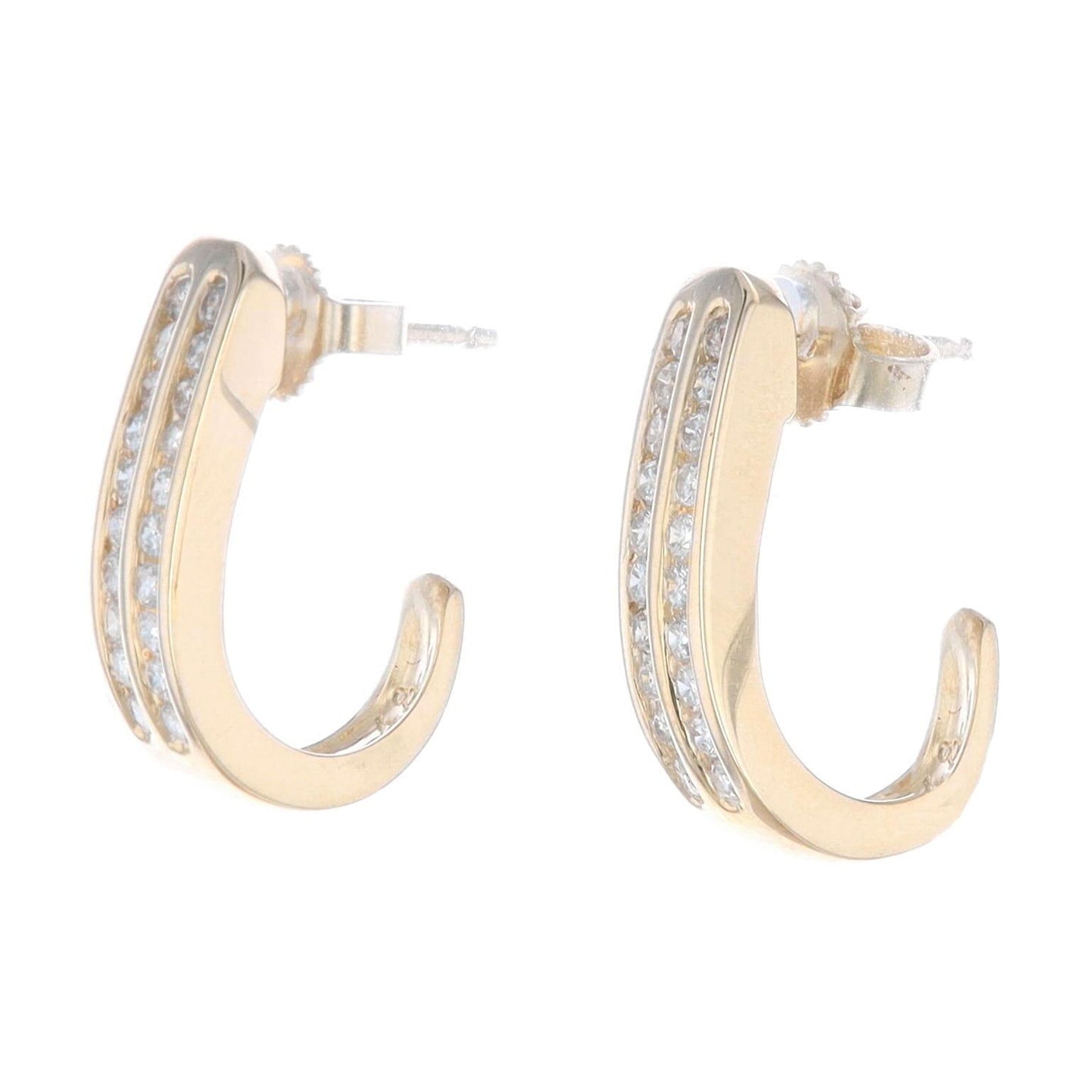 14k Yellow Gold 3/8 Carat Diamond "J" Hoop Stud Earrings