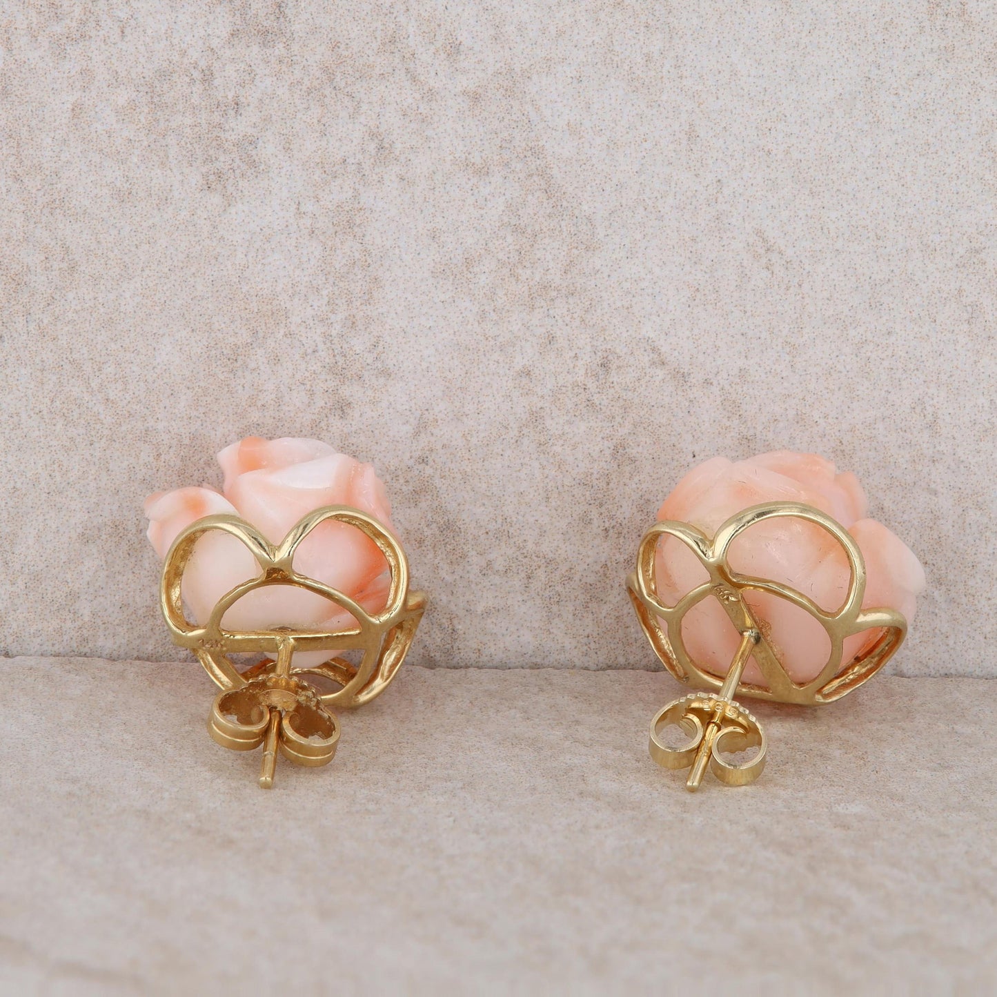 14k Yellow Gold Rose Painted Resin Floral Stud Earrings