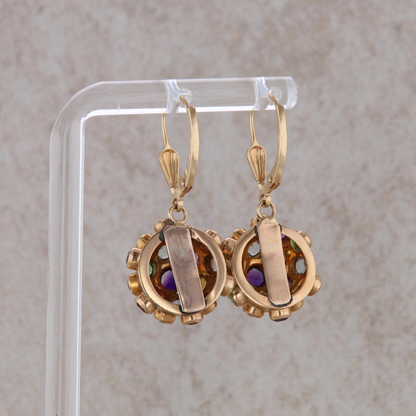 14k Yellow Gold Multi Gemstone Domed Circle Dangle Earrings