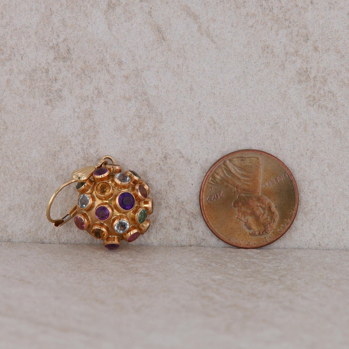 14k Yellow Gold Multi Gemstone Domed Circle Dangle Earrings