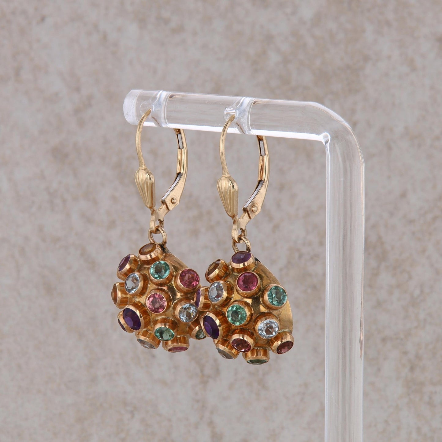 14k Yellow Gold Multi Gemstone Domed Circle Dangle Earrings