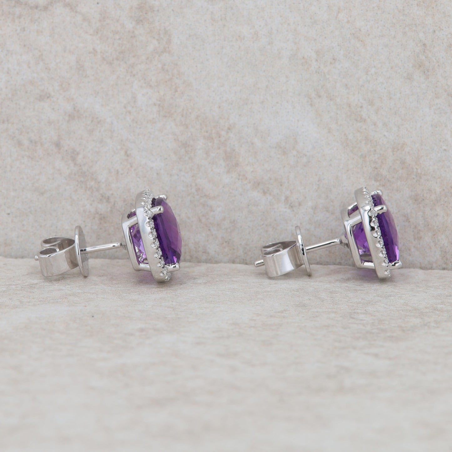 14k White Gold Cushion Amethyst and Diamond Halo Earrings