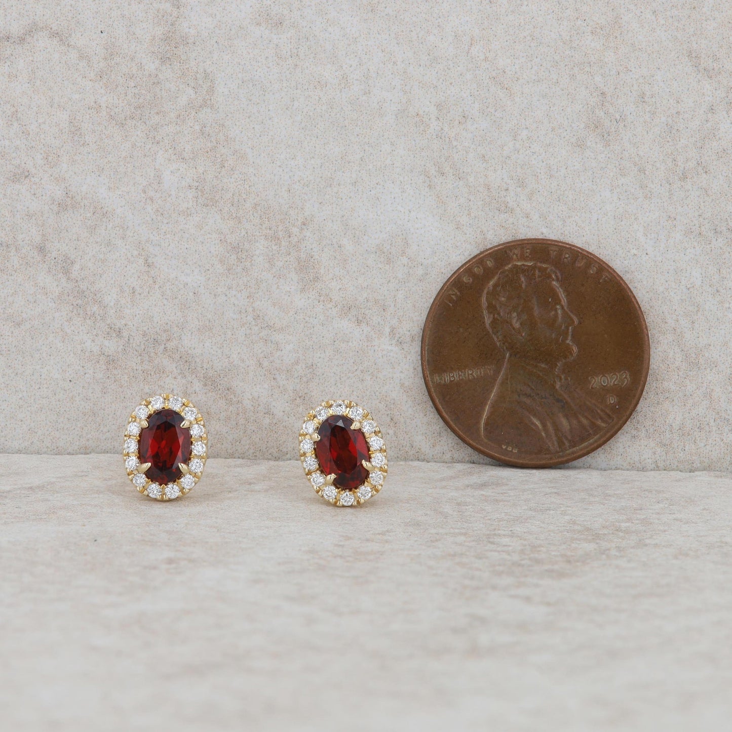 14k Yellow Gold Oval Garnet and Diamond Halo Earrings