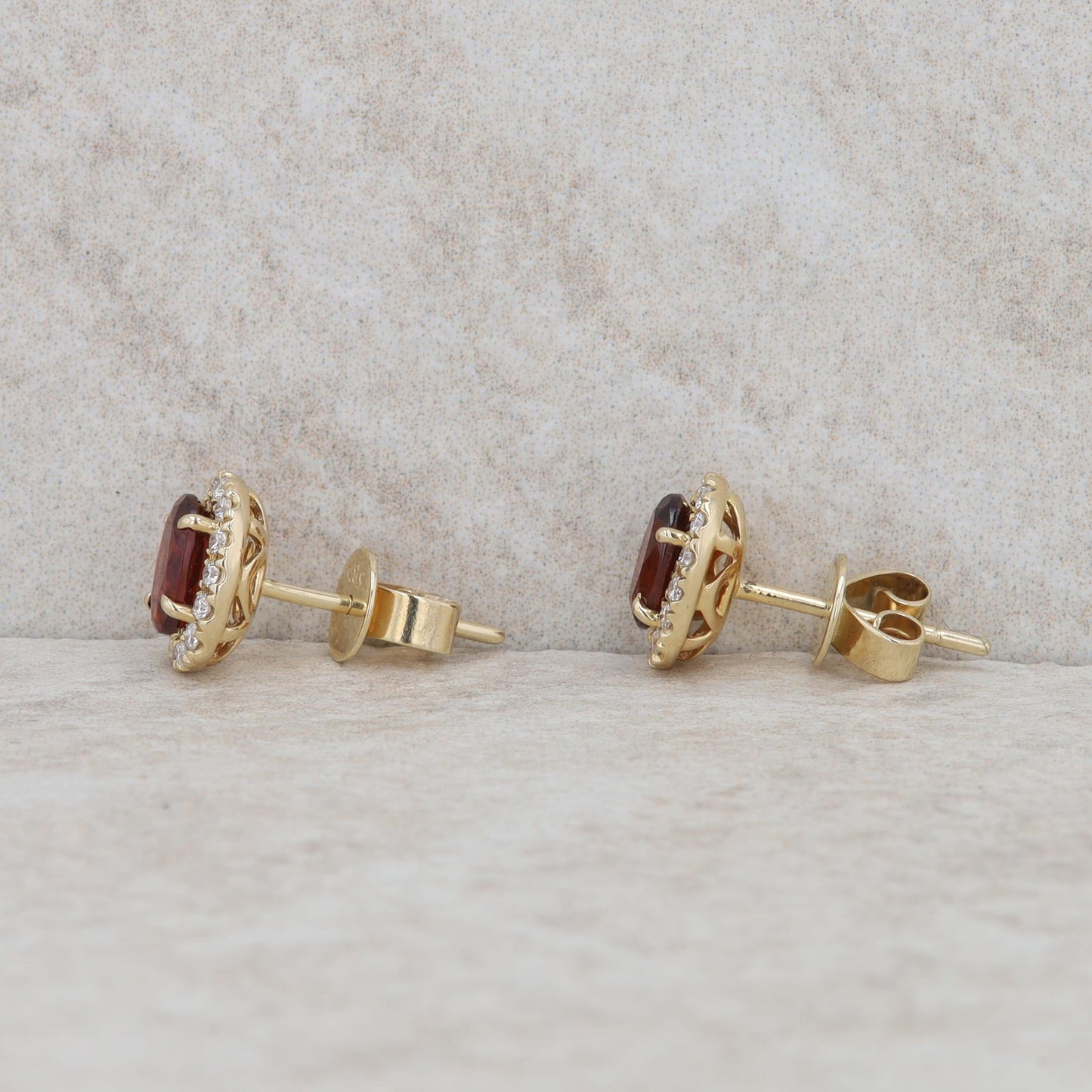 14k Yellow Gold Oval Garnet and Diamond Halo Earrings