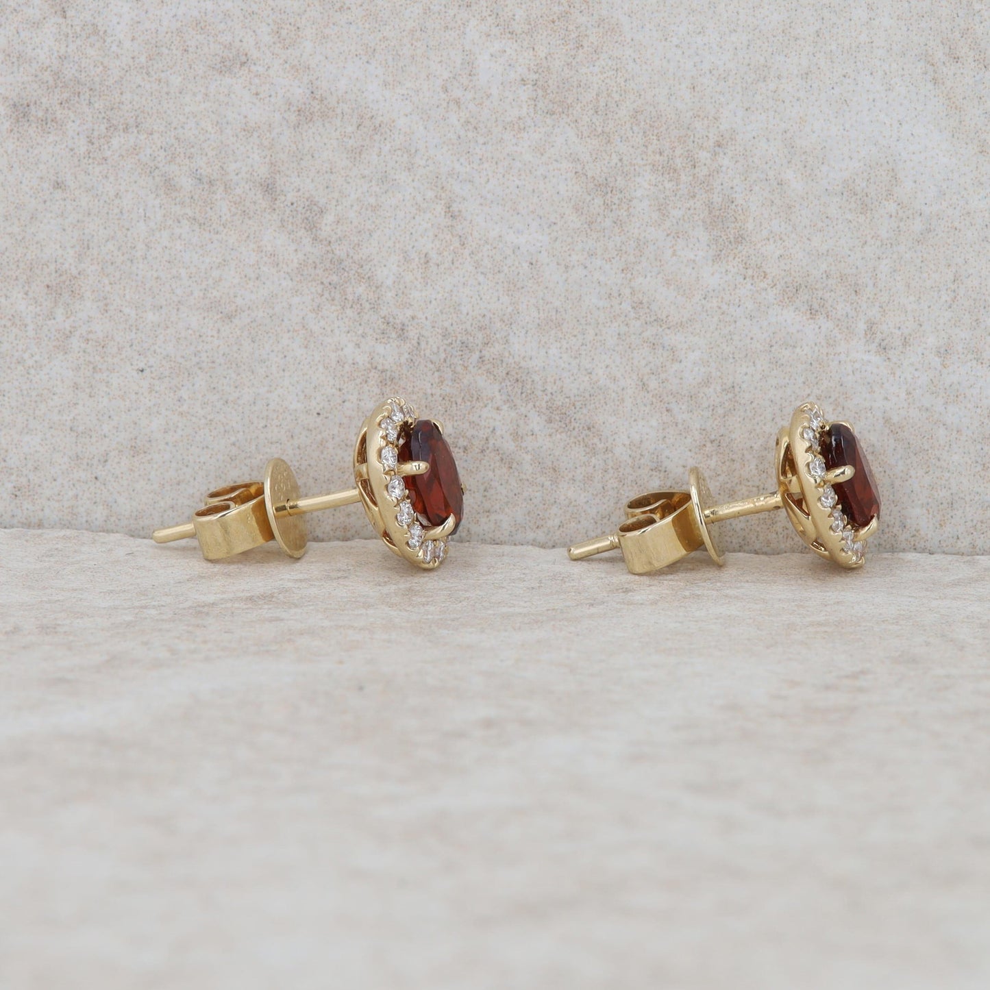 14k Yellow Gold Oval Garnet and Diamond Halo Earrings