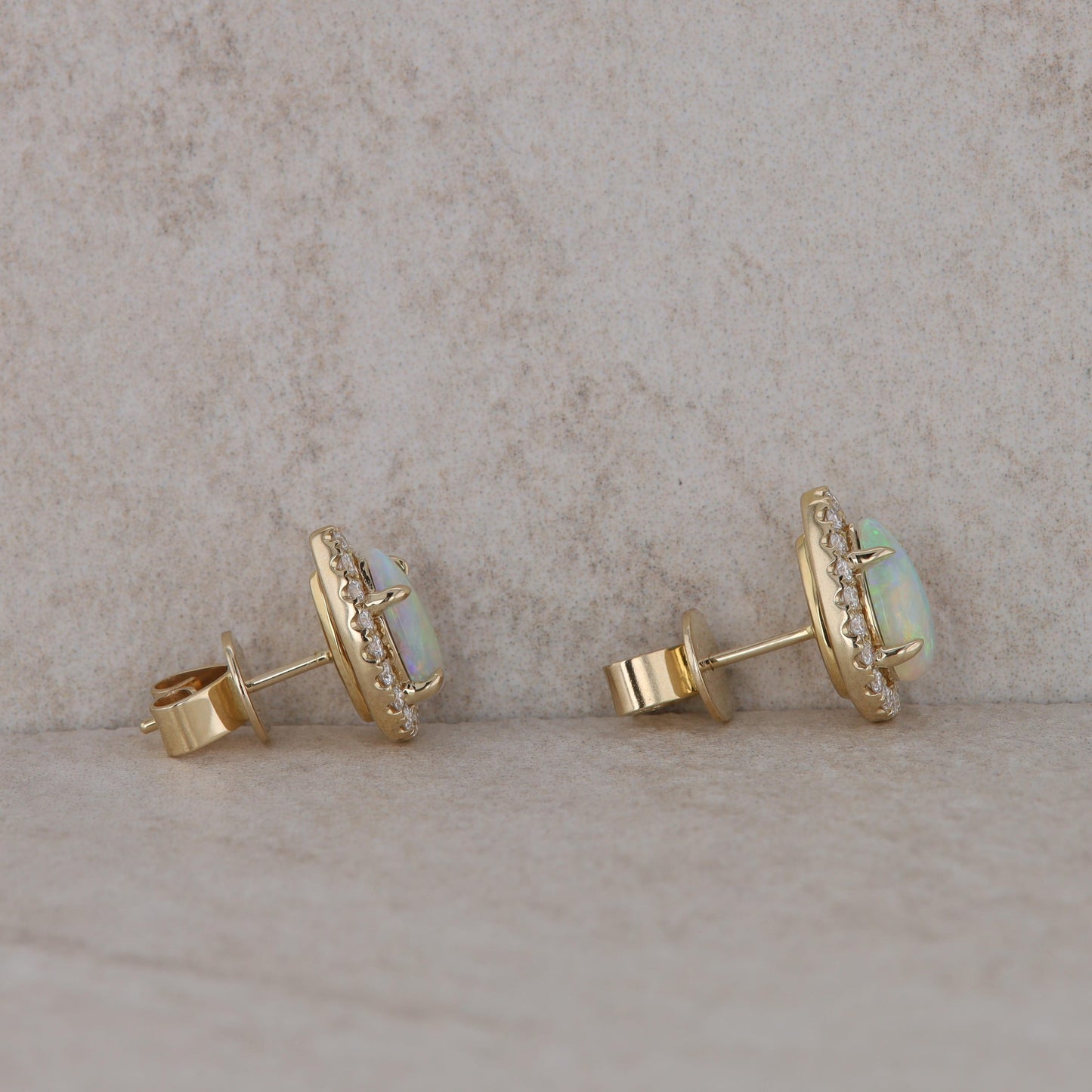 14k Yellow Gold Opal Pear Shaped Diamond Halo Stud Earrings