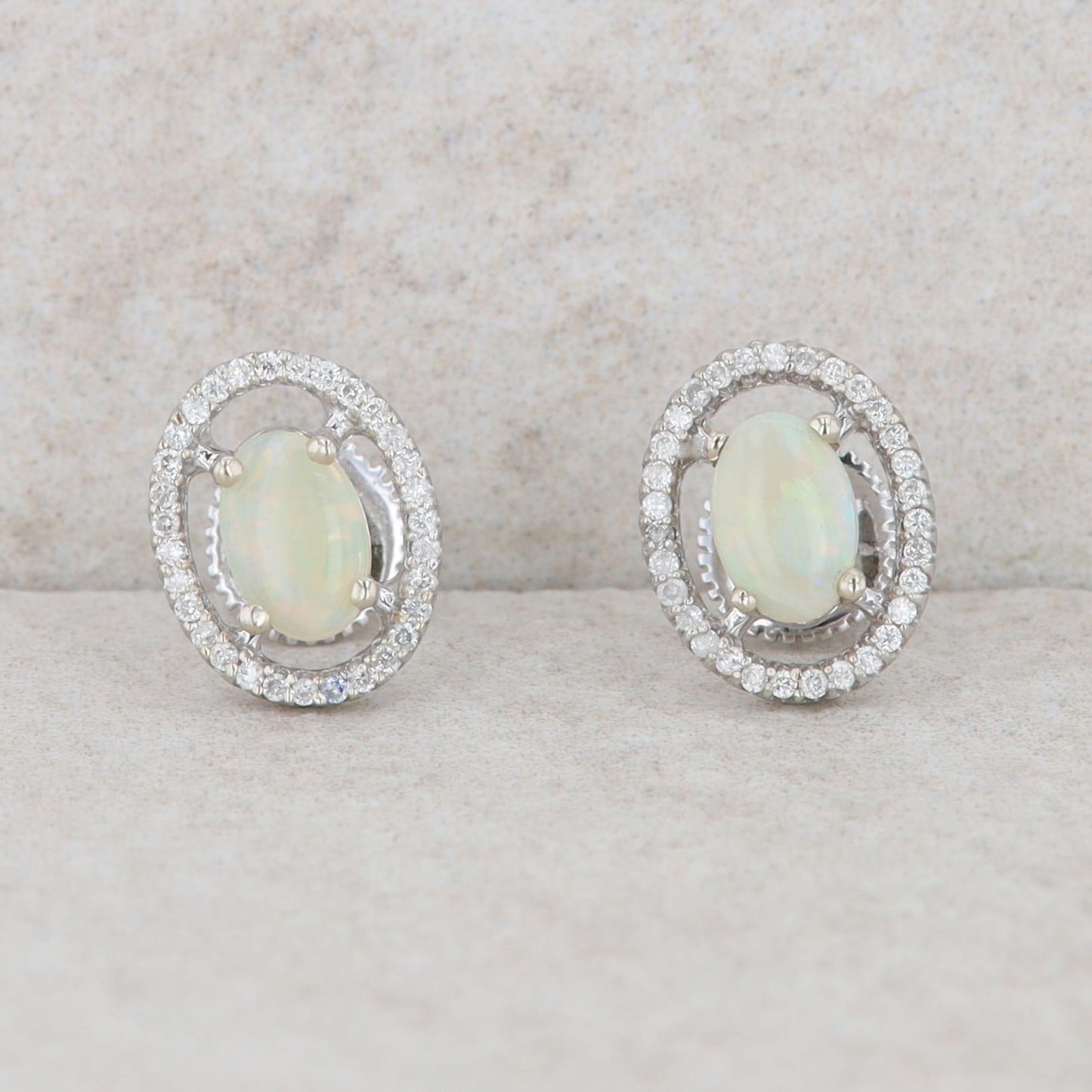 14k White Gold Oval Opal Diamond Halo Stud Earrings